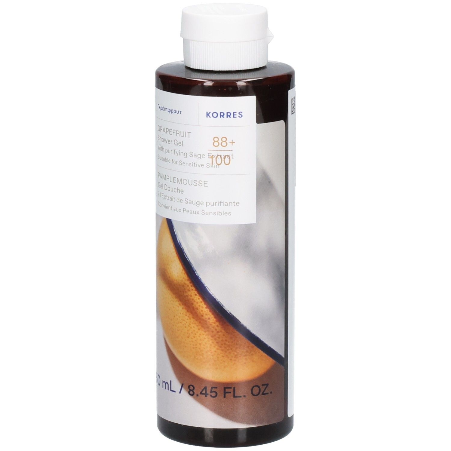 Braune Flasche mit weißem Deckel. Etikett mit Produktinformationen und Grapefruit-Abbildung. Marke Korres.