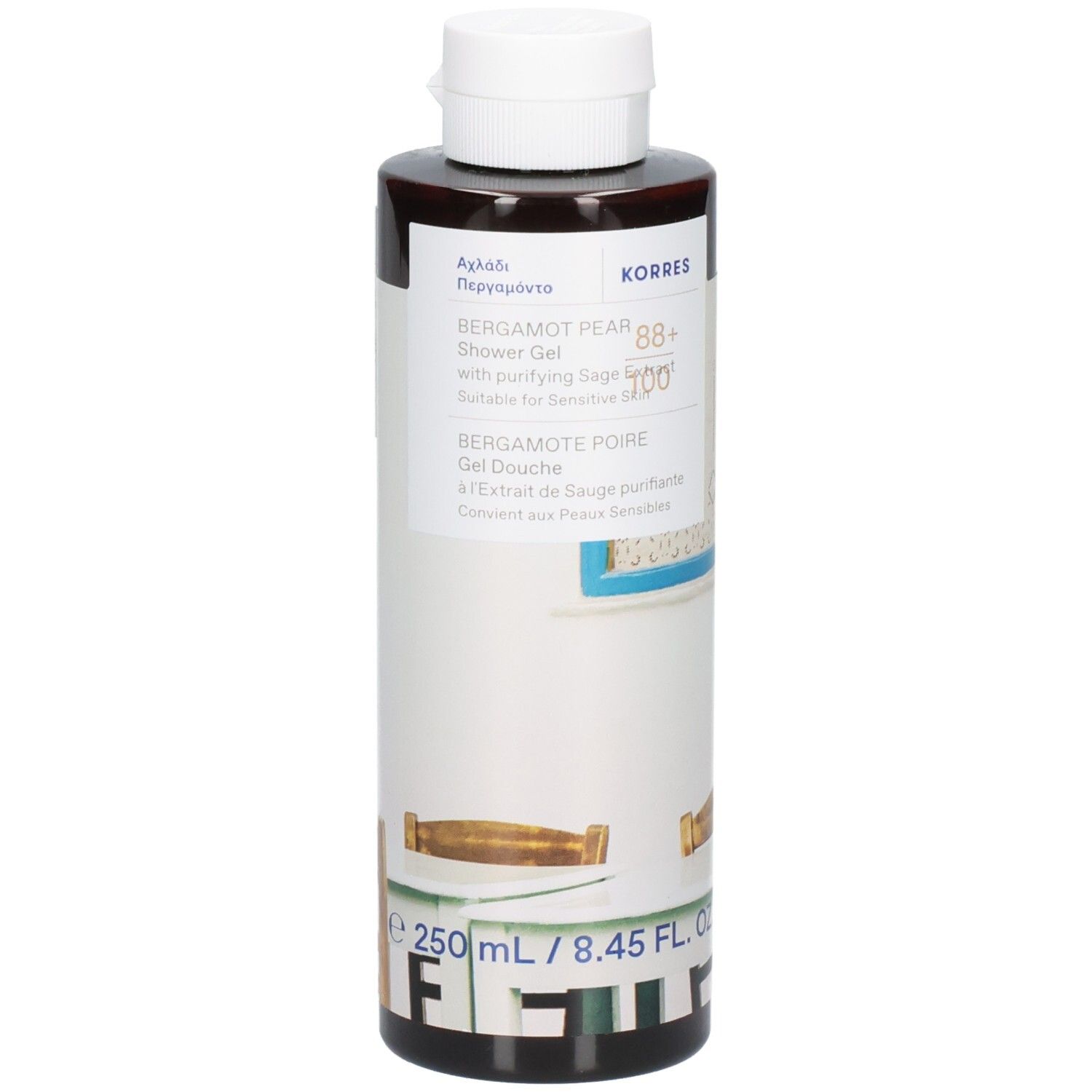 Braune Flasche mit weißem Deckel. Aufschrift: Bergamotte-Birne Duschgel. Marke: Korres. 250 ml.