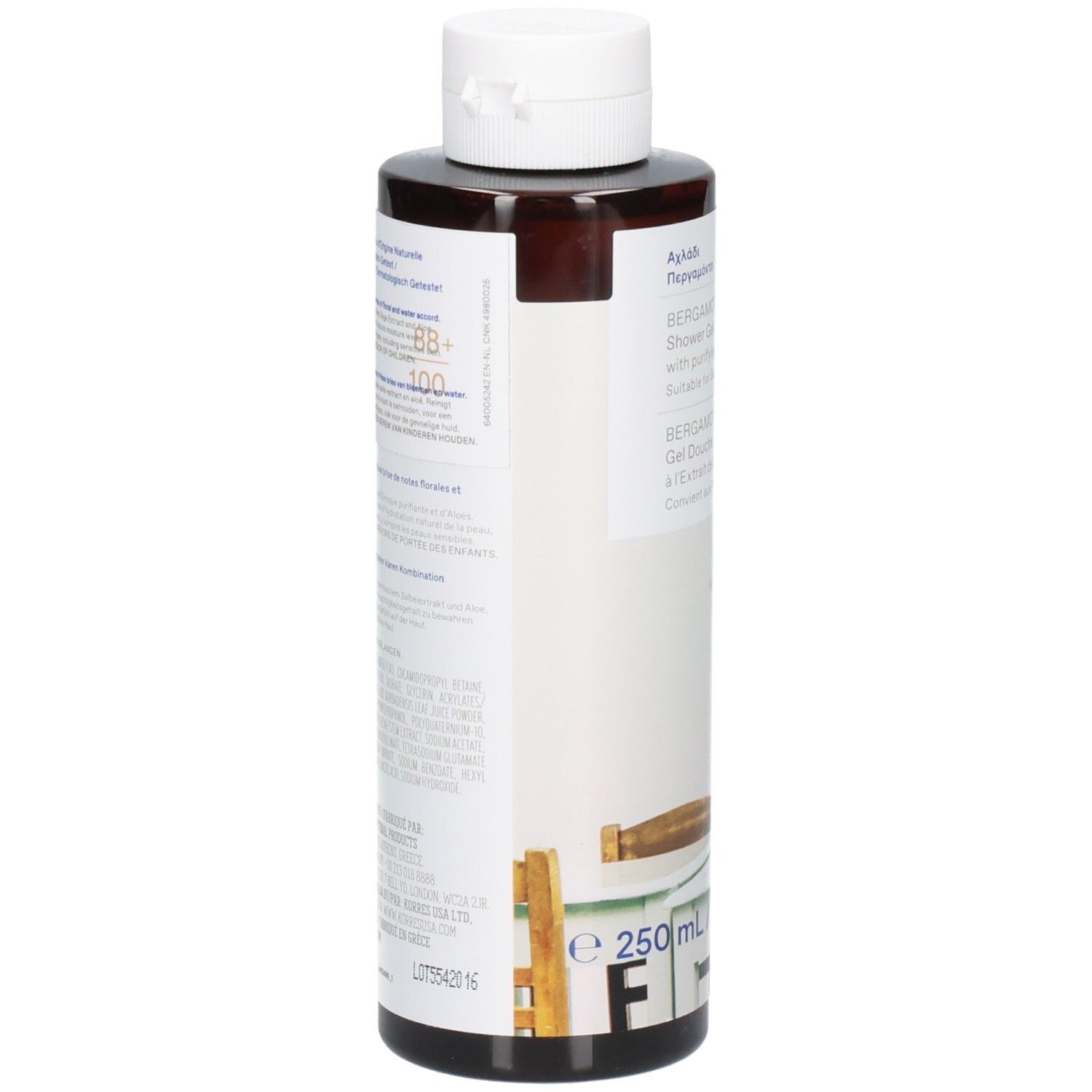Braune Flasche mit weißem Deckel. Aufschrift: Bergamotte-Birne Duschgel. Marke: Korres. 250 ml.