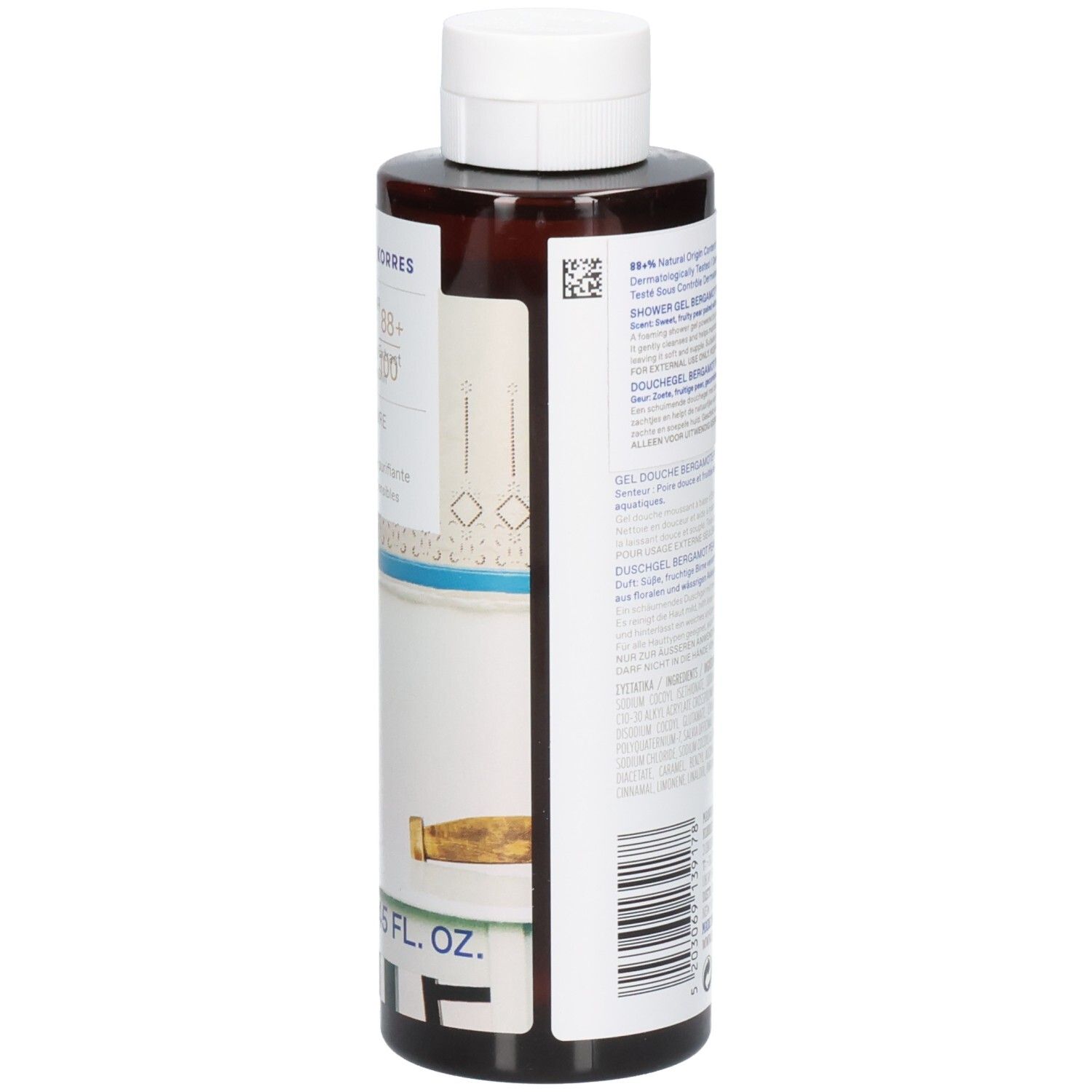 Braune Flasche mit weißem Deckel. Aufschrift: Bergamotte-Birne Duschgel. Marke: Korres. 250 ml.