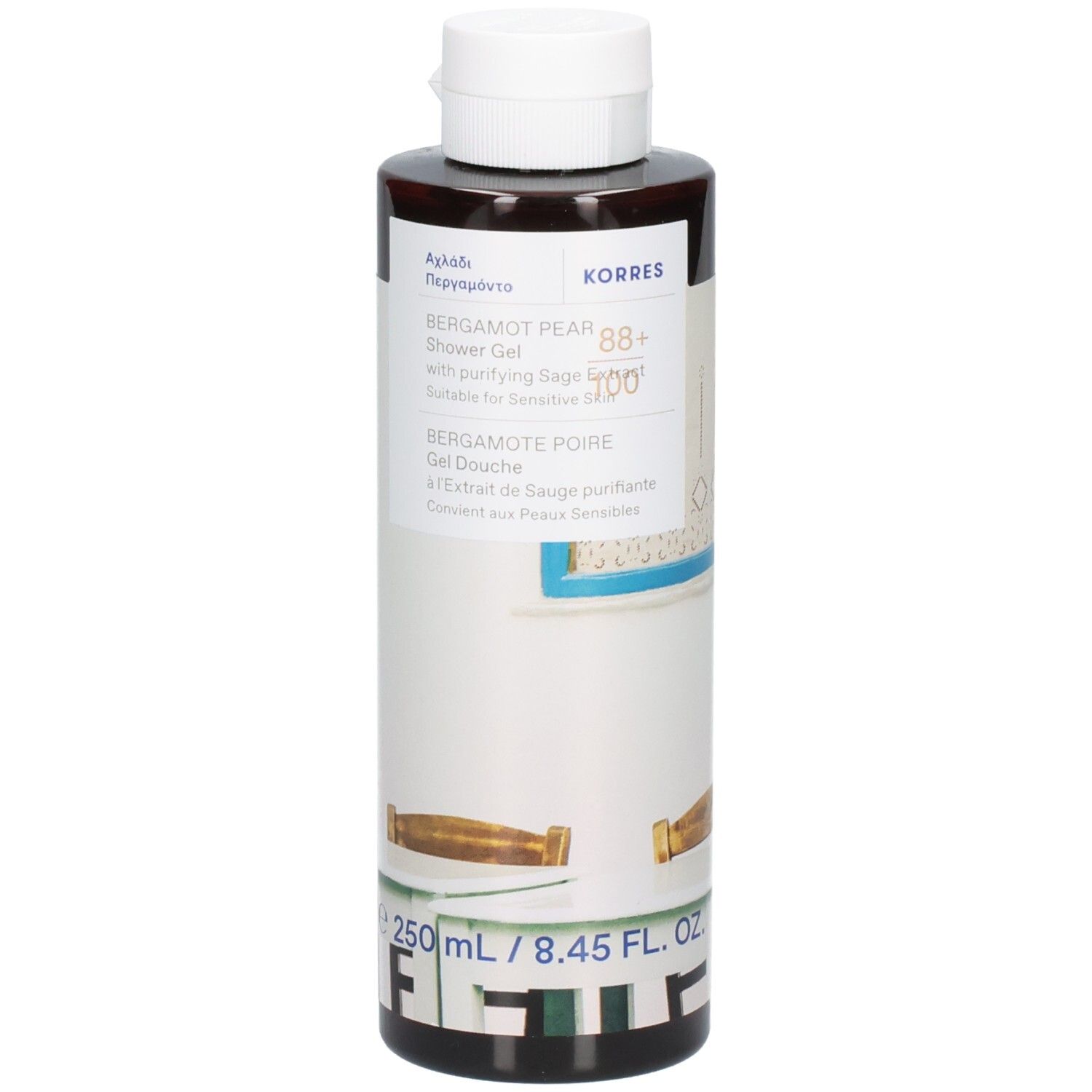 Braune Flasche mit weißem Deckel. Aufschrift: Bergamotte-Birne Duschgel. Marke: Korres. 250 ml.