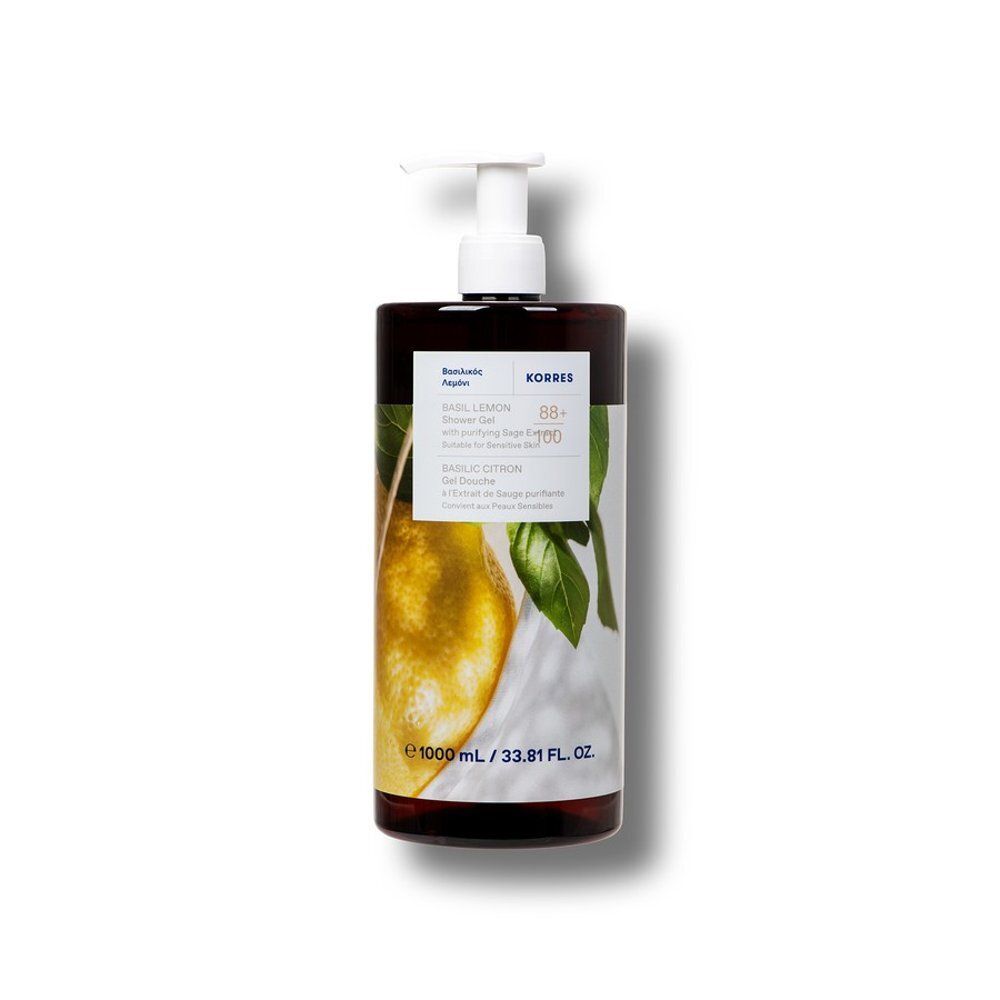 Flacon pompe brun foncé avec motif basilic-citron, étiquette et indication 1000 ml.