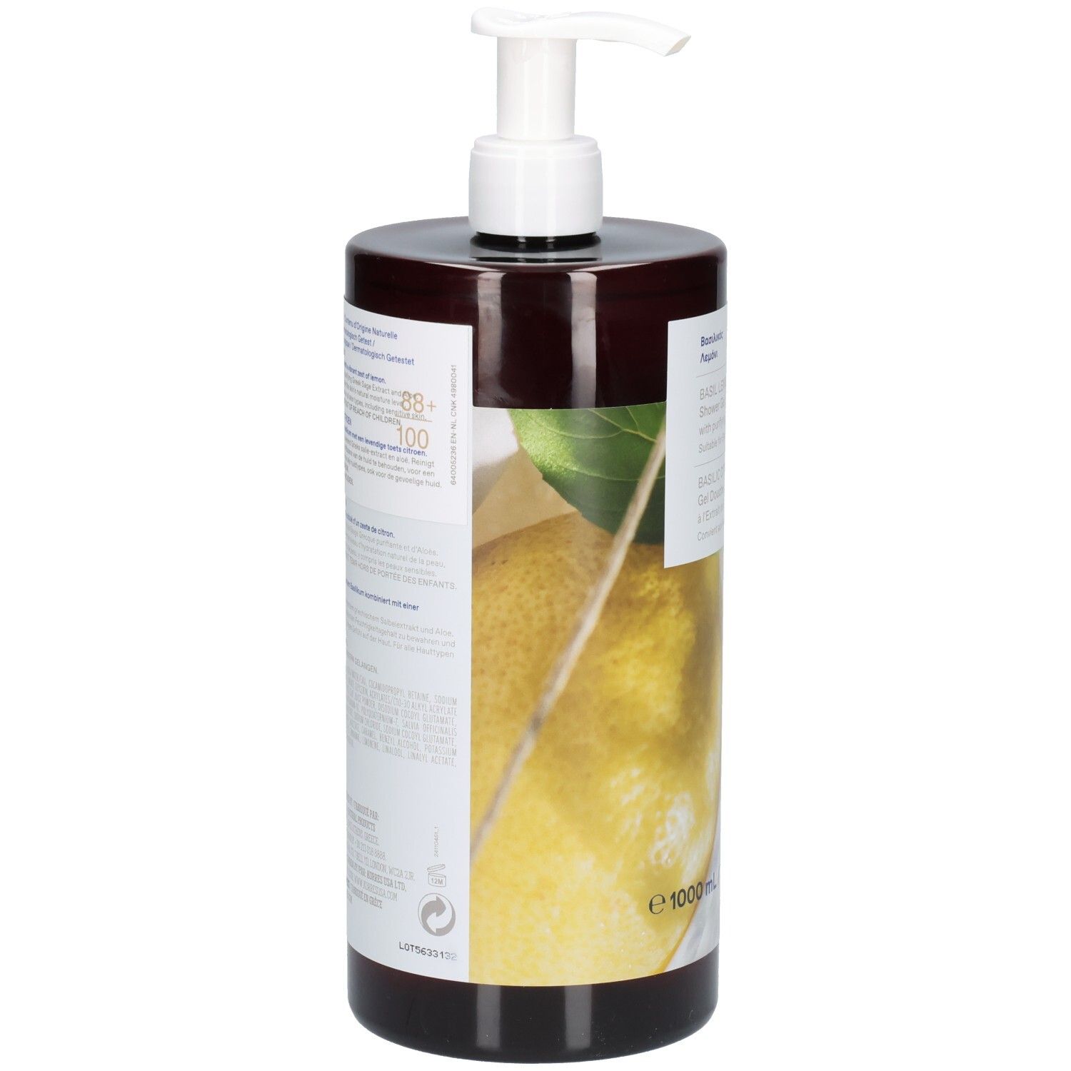 Rückseite einer dunkelbraunen Pumpflasche mit Produktinformationen und Basilikum-Zitronen-Motiv. 1000 ml.