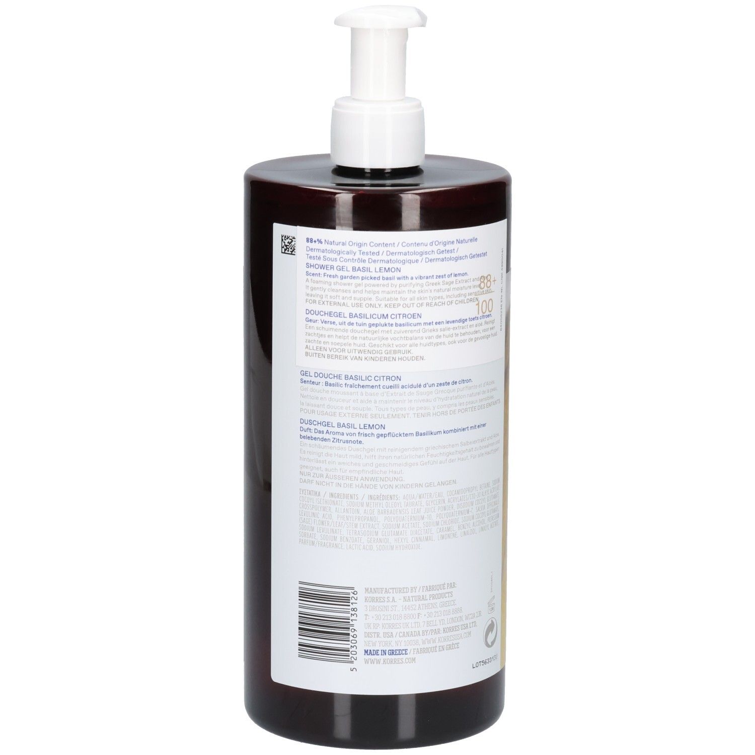 Rückseite einer dunkelbraunen Pumpflasche mit Etikett, Barcode und Basilikum-Zitronen-Motiv. 1000 ml.