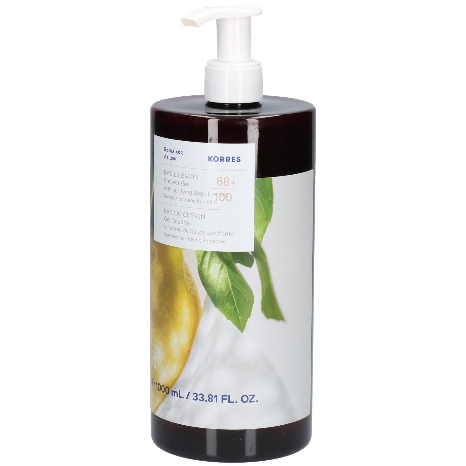 Dunkelbraune Pumpflasche mit Basilikum-Zitronen-Motiv und Etikett. 1000 ml.