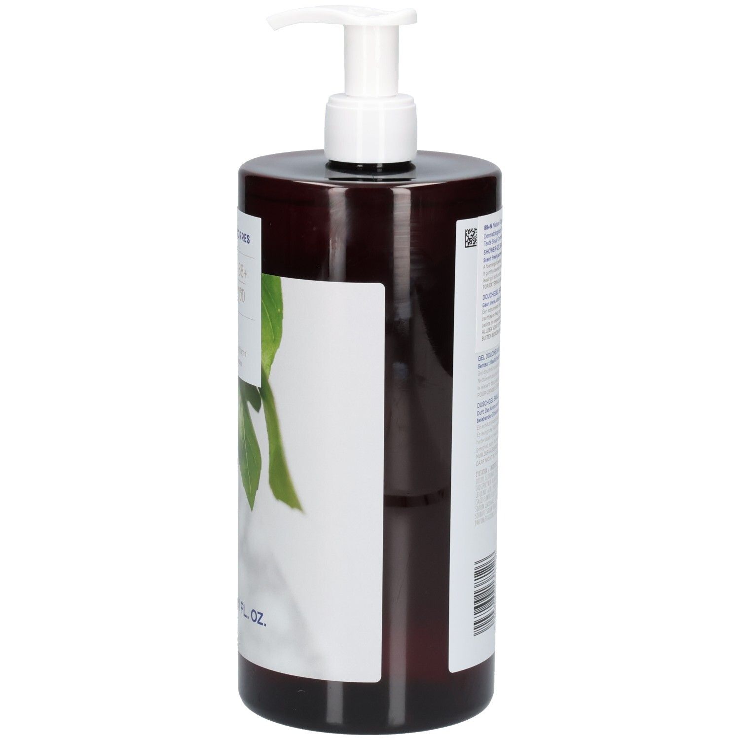 Seitenansicht einer dunkelbraunen Pumpflasche mit Basilikum-Zitronen-Motiv. 1000 ml.