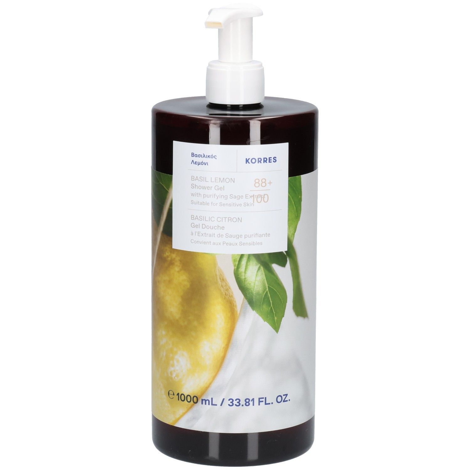 Dunkelbraune Pumpflasche mit Basilikum-Zitronen-Motiv, Etikett und 1000 ml Angabe.
