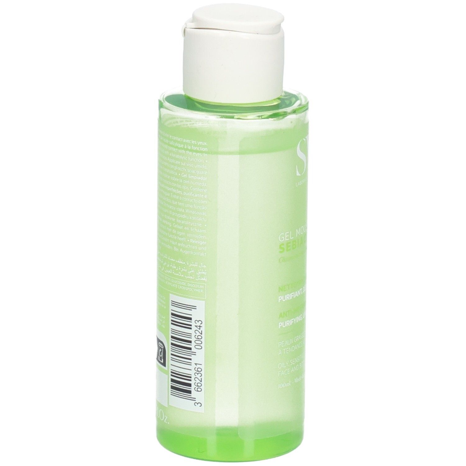 Rückseite einer Flasche mit grüner Flüssigkeit. Barcode und Text. Aufschrift SVR, Gel Moussant Sebiaclear. Weißer Deckel.