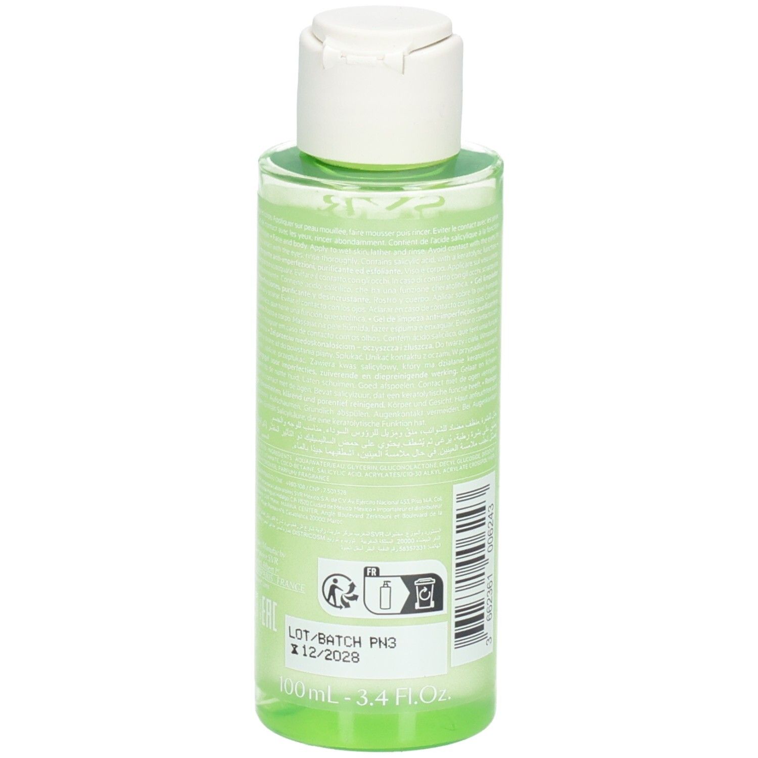 Rückseite einer Flasche mit grüner Flüssigkeit. Text und Piktogramme. Aufschrift SVR, Gel Moussant Sebiaclear. Weißer Deckel.