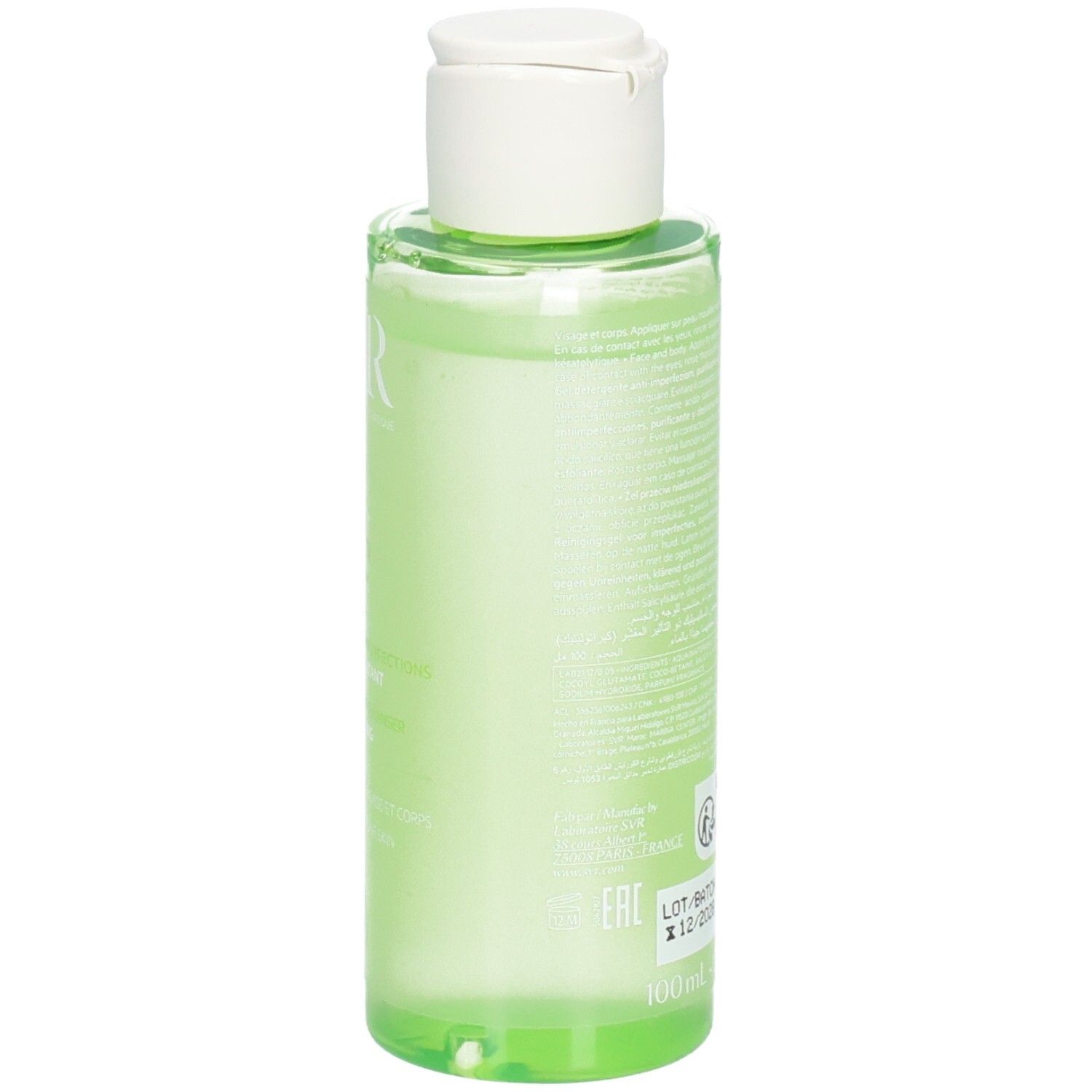 Rückseite einer Flasche mit grüner Flüssigkeit. Text. Aufschrift SVR, Gel Moussant Sebiaclear. Weißer Deckel.
