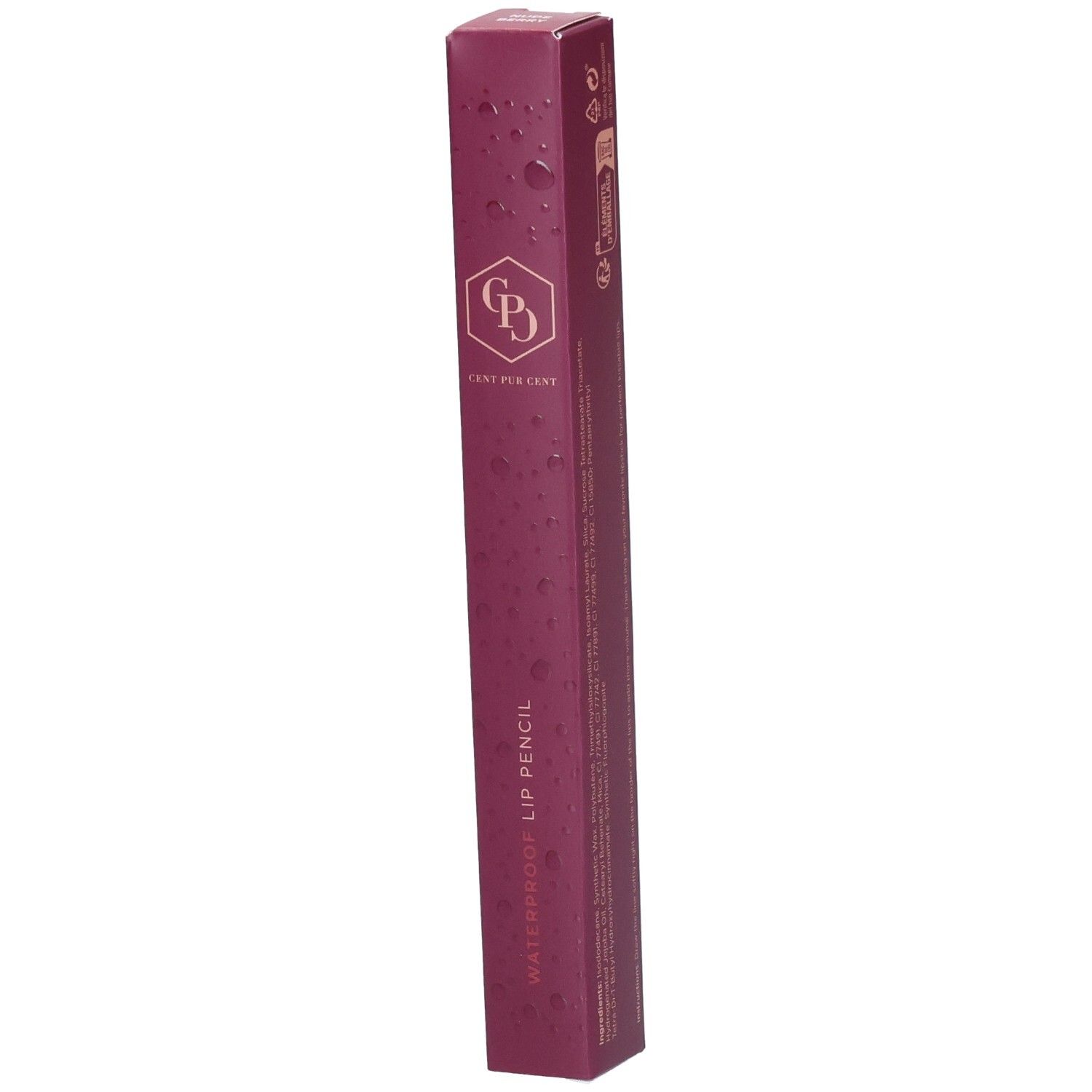 Verpackung eines wasserfesten Lippenstifts in Nude Berry.