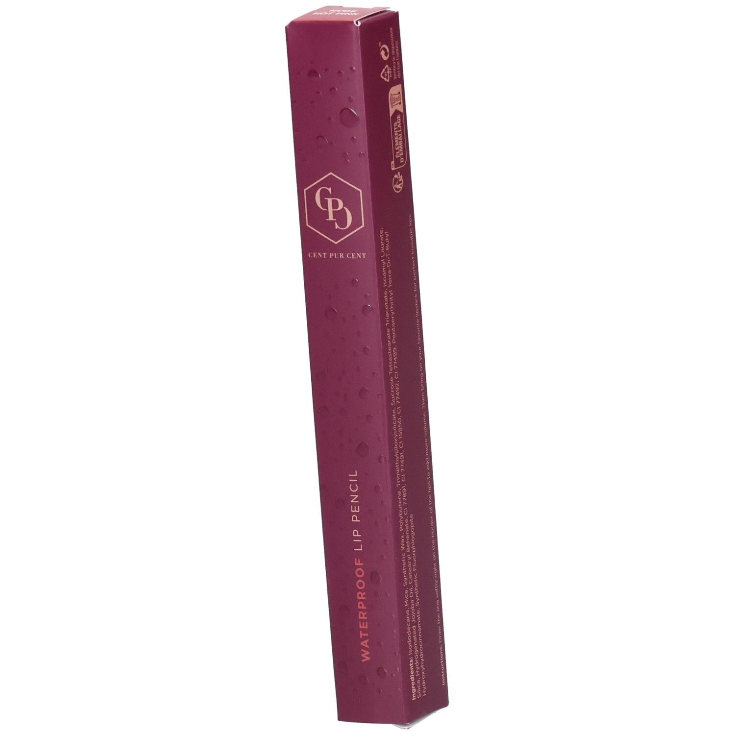 Verpackung eines wasserfesten Lippenstifts mit Markenlogo und Produktbezeichnung.