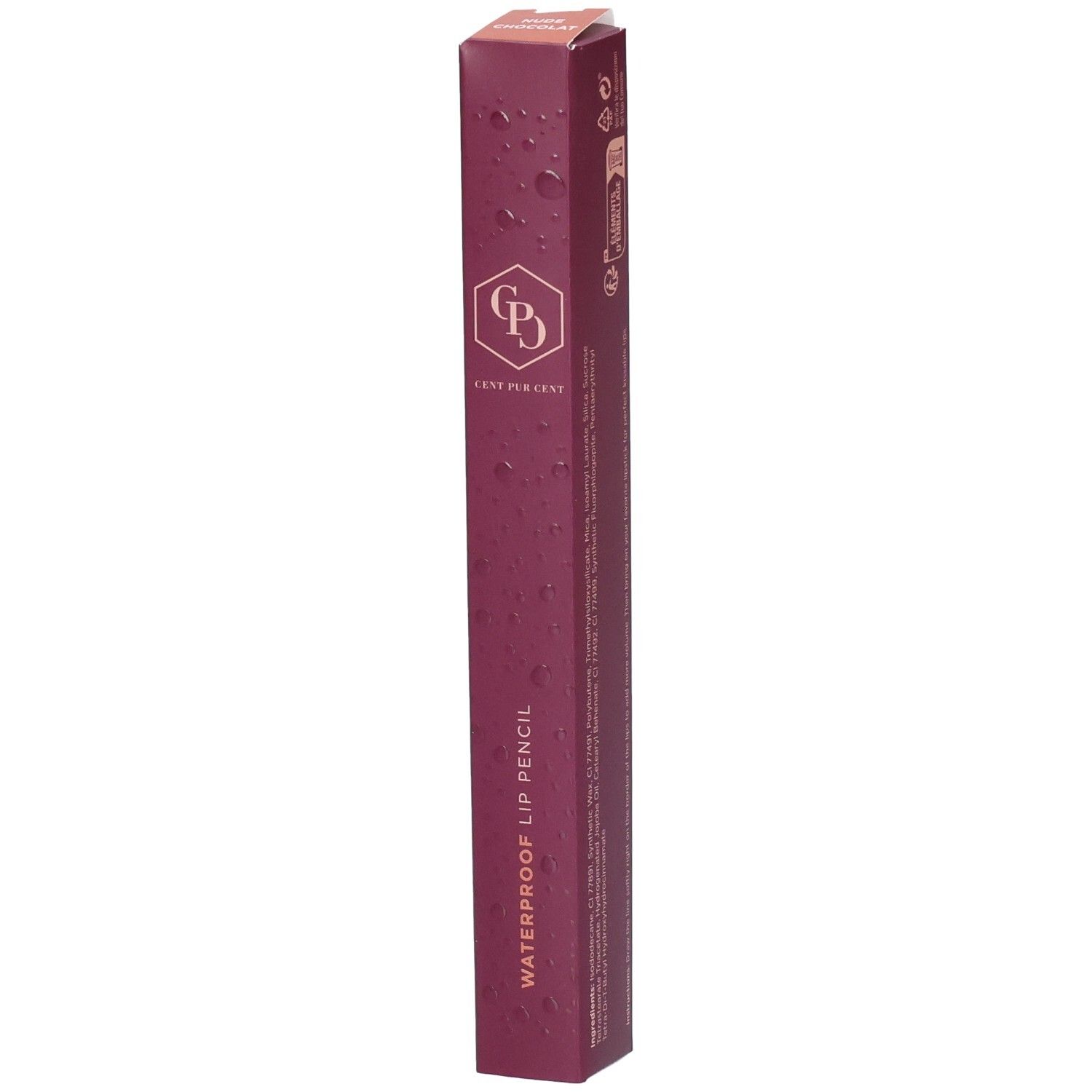 Verpackung eines wasserfesten Lippenstifts mit Logo und Produktbezeichnung.