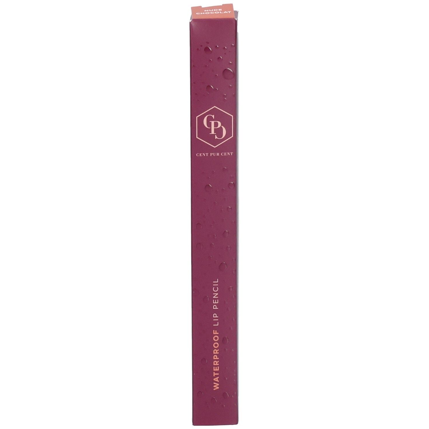 Verpackung eines wasserfesten Lippenstifts in Dunkelrot mit Tropfenmuster und Logo.