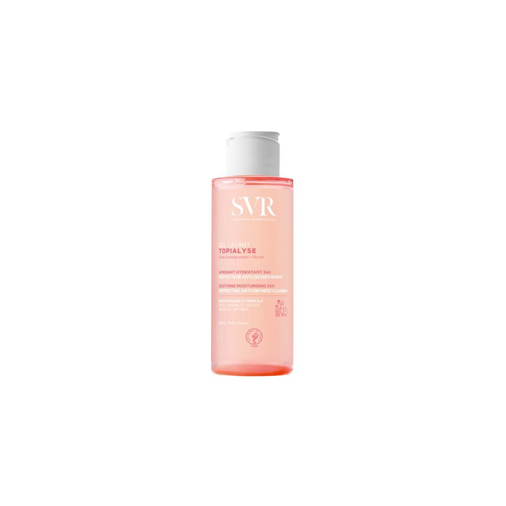 Bouteille SVR Topialyse Gel Lavant avec bouchon rabattable blanc. Liquide rose.