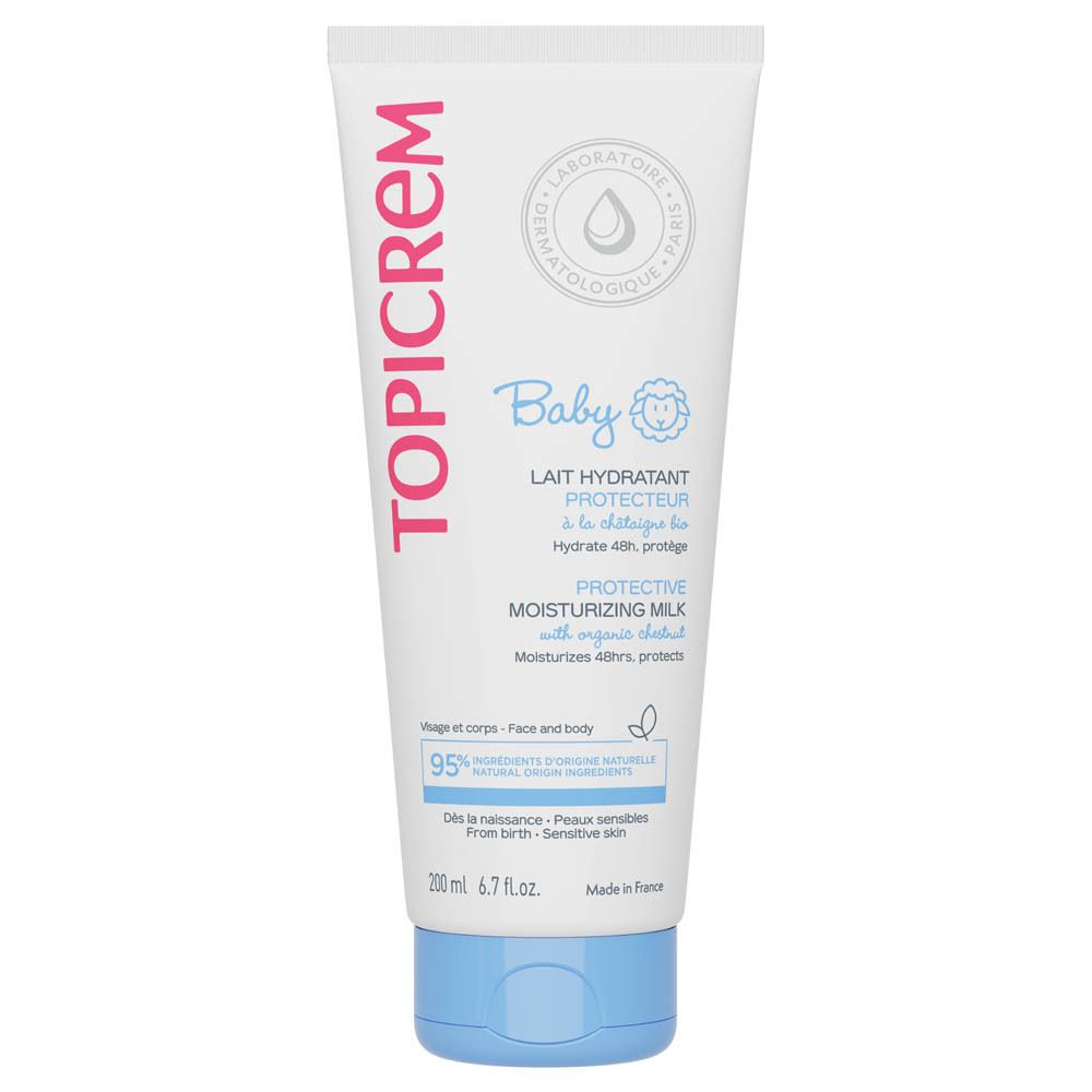 Weiße Tube mit rosa und blauer Schrift. Aufschrift: Topicrem Baby Lait Hydratant Protecteur. 95% Inhaltsstoffe natürlichen Ursprungs.