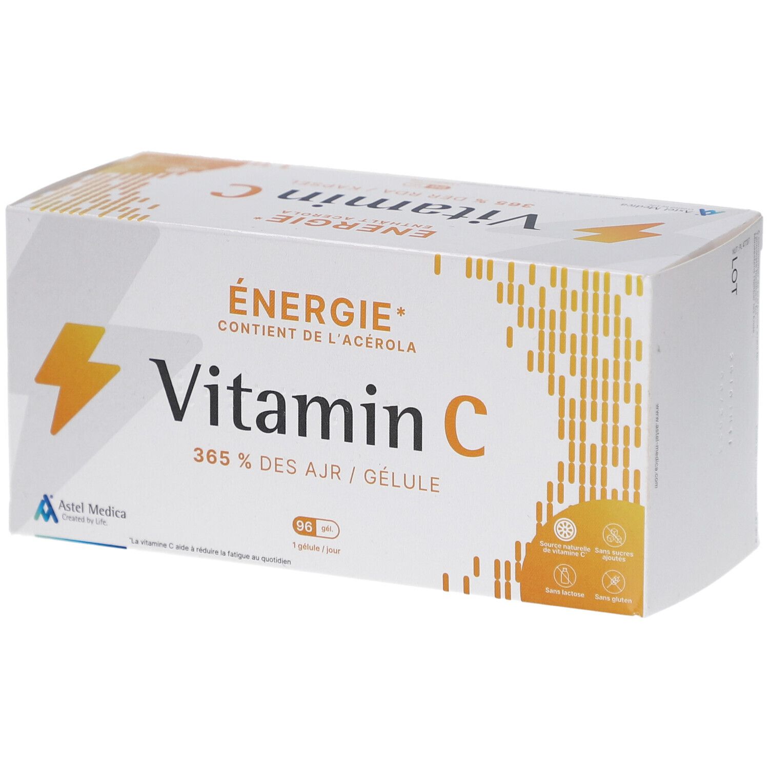 Boîte blanche de vitamine C. Inscription : Énergie, Vitamin C, 96 gélules. Logo Astel Medica.