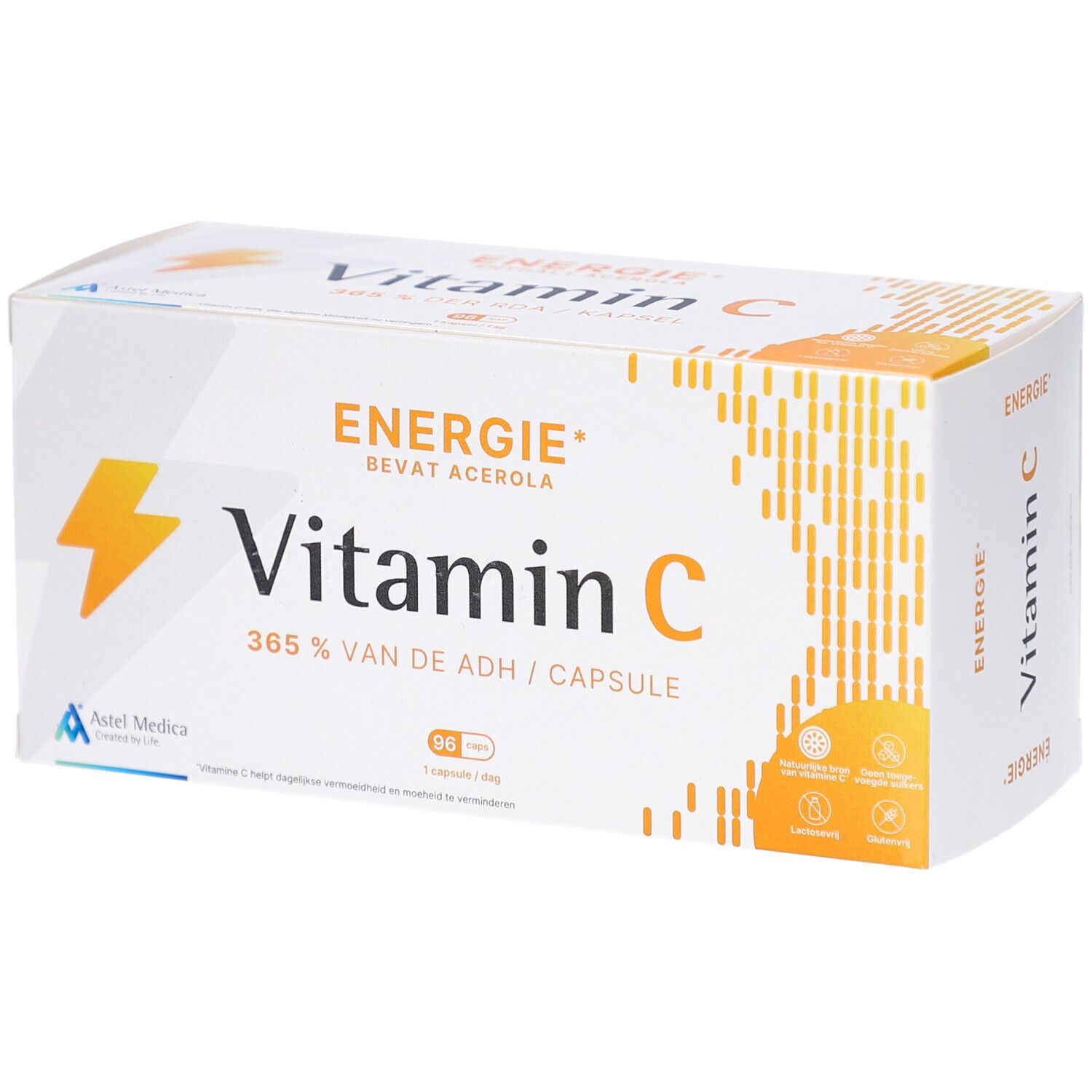 Boîte blanche de vitamine C. Inscription : Énergie, Vitamin C, 96 capsules. Logo Astel Medica.