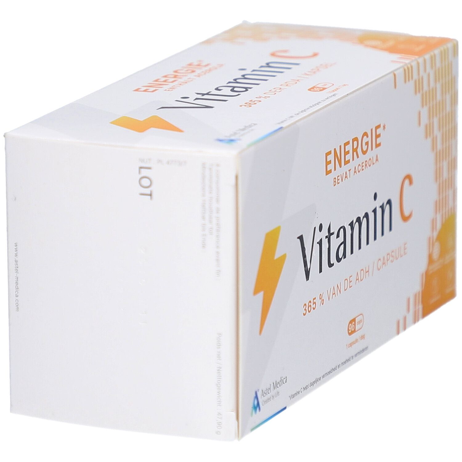 Boîte blanche de vitamine C en biais. Inscription : Énergie, Vitamin C. Logo Astel Medica.