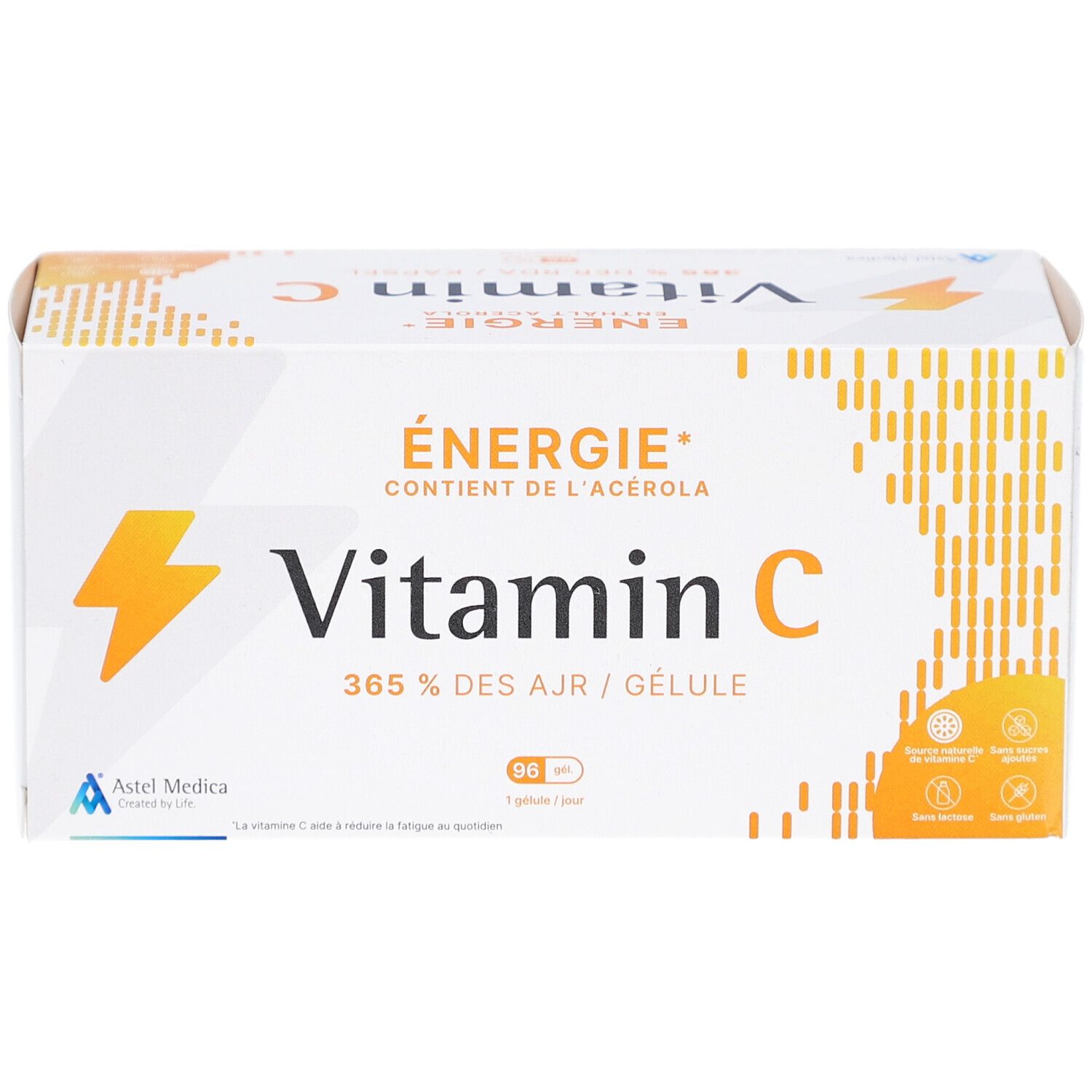 Boîte blanche de vitamine C. Inscription : Énergie, Vitamin C, 96 gélules. Logo Astel Medica.