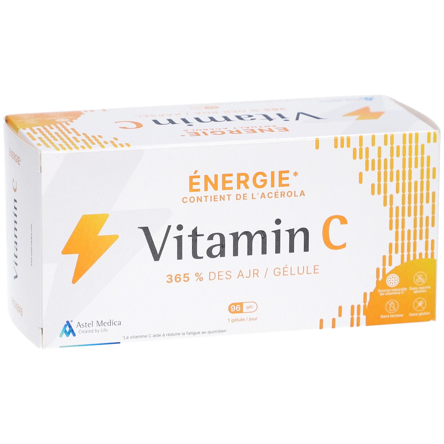 Boîte blanche de vitamine C. Inscription : Énergie, Vitamin C, 96 gélules. Logo Astel Medica.