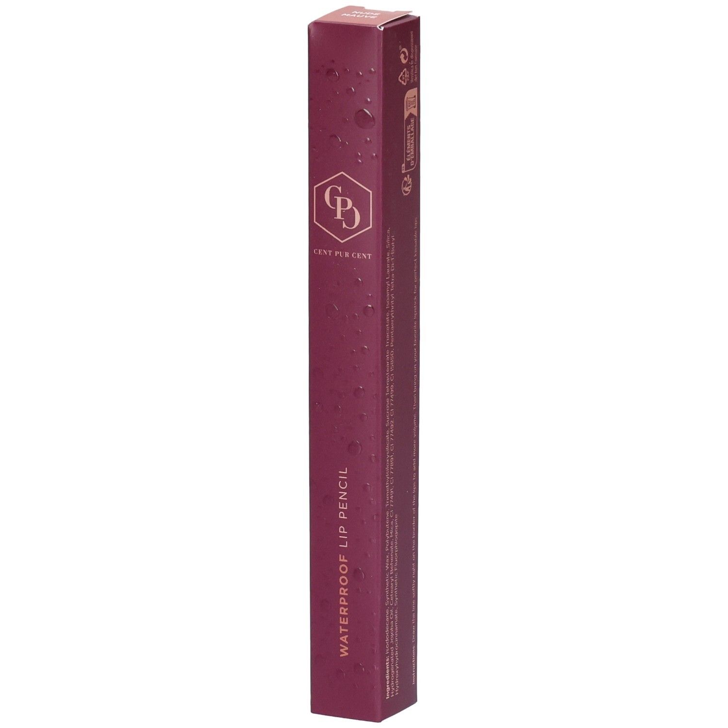 Verpackung eines wasserfesten Lippenstifts mit Logo und Produktbezeichnung.