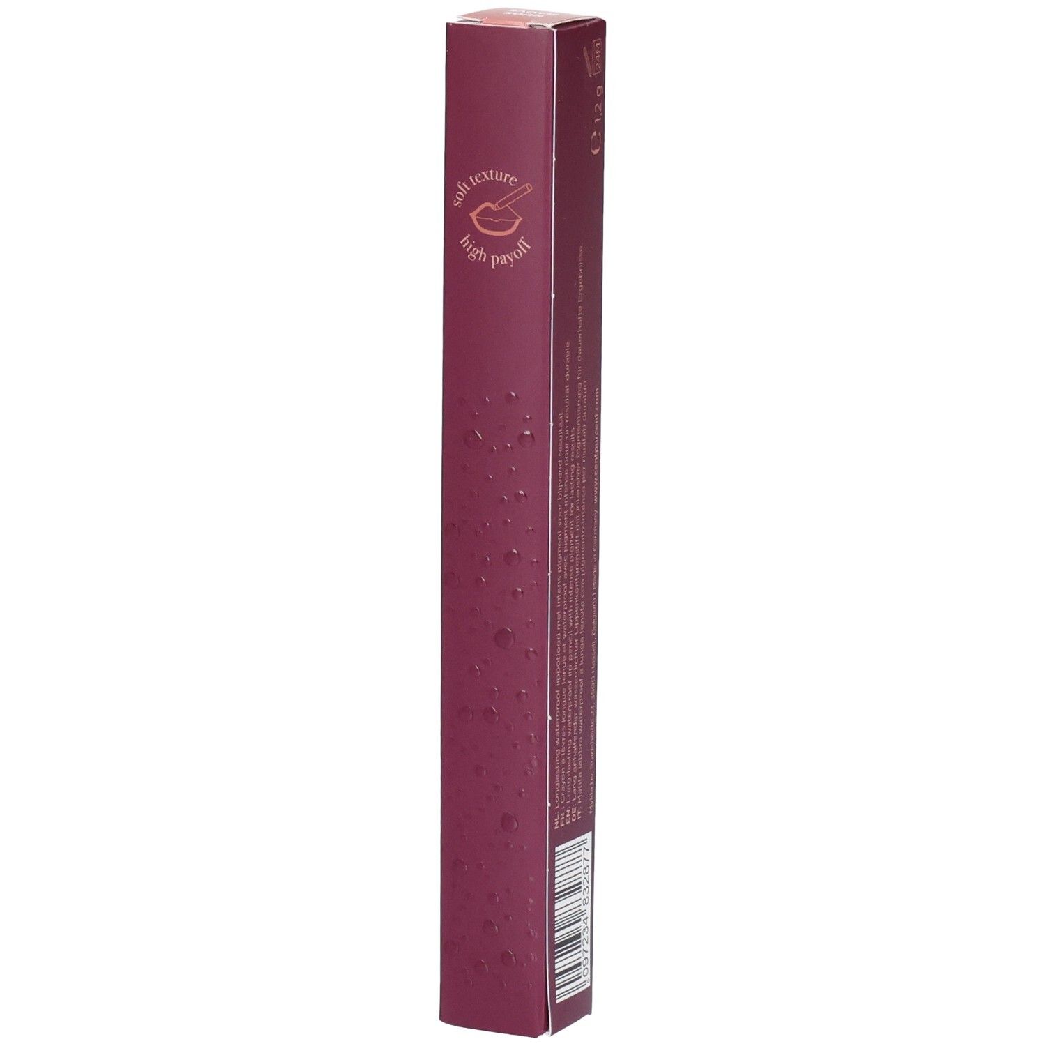 Lila Verpackung mit Text: 'soft texture high payoff' und Lippenstift-Symbol.