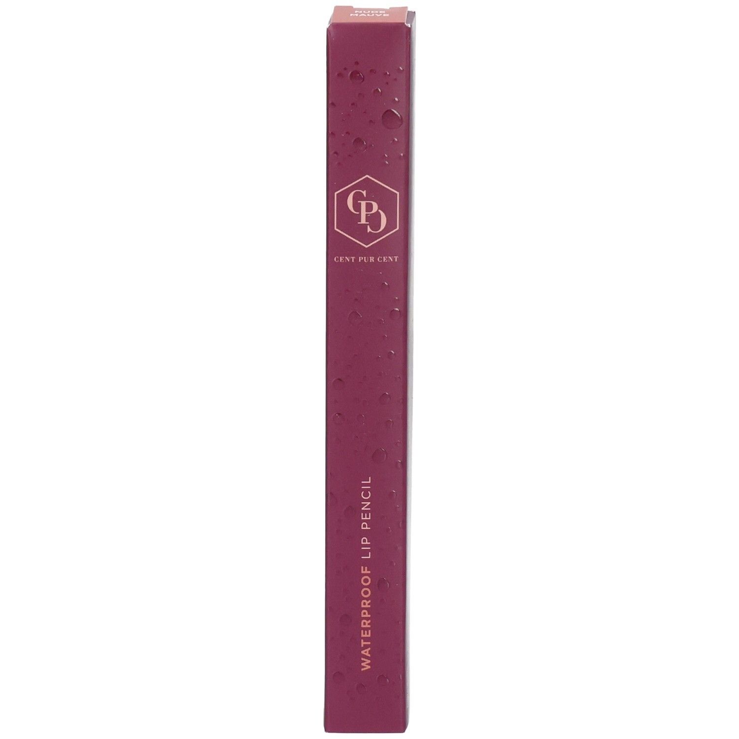 Verpackung eines wasserfesten Lippenstifts in dunklem Lila mit Logo und Wassertropfen-Detail.