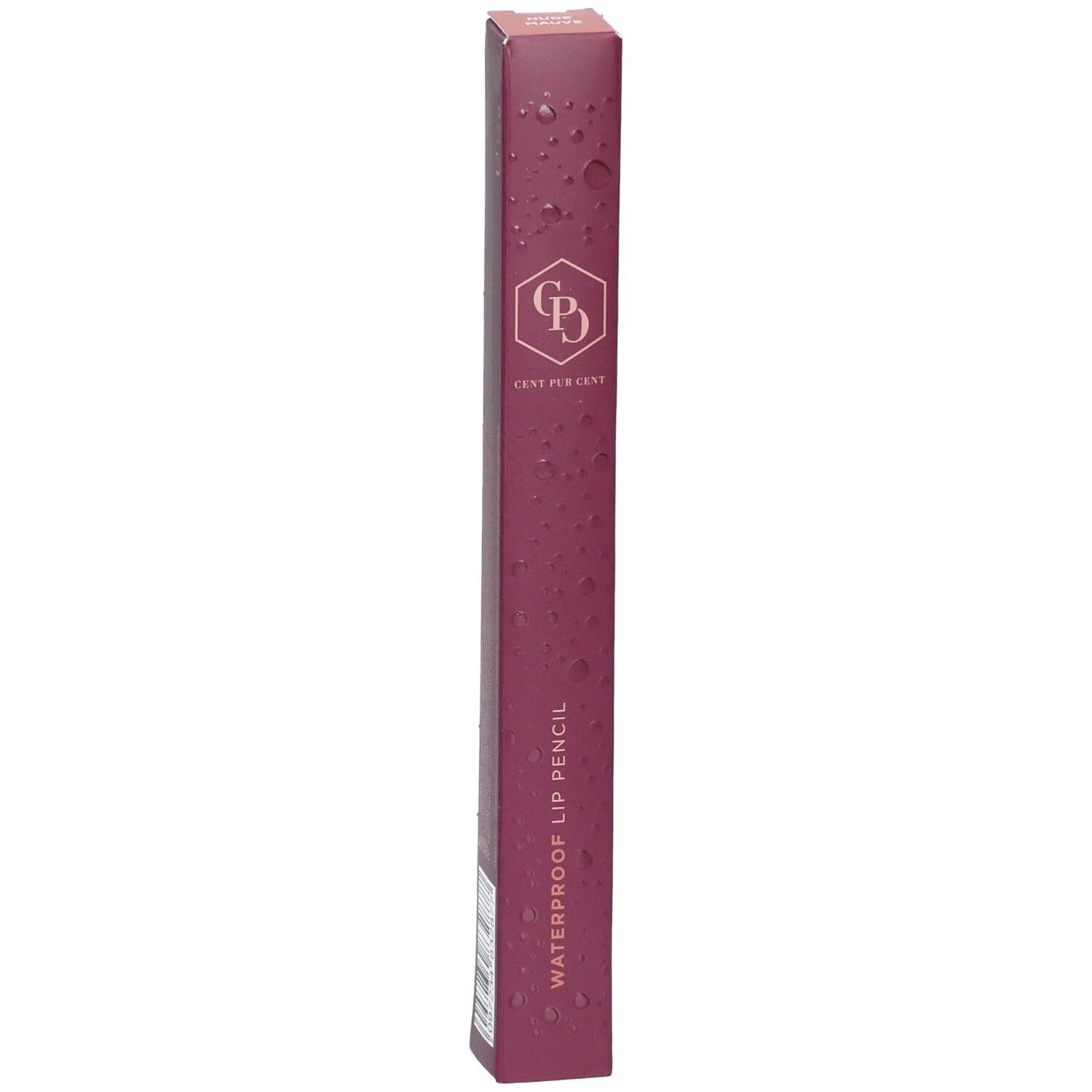 Verpackung eines wasserfesten Lippenstifts in dunklem Lila mit Wassertropfen-Design und Logo.
