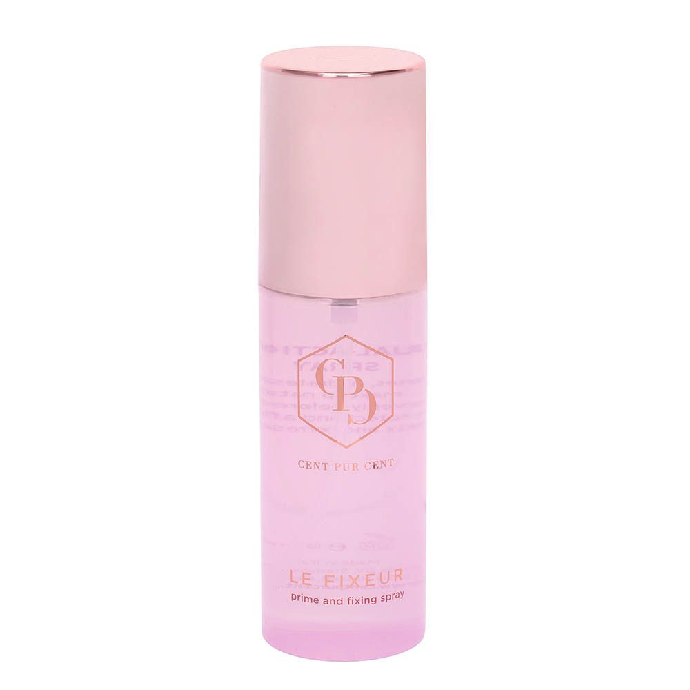 Flacon rose avec bouchon doré rose. Logo et texte : LE FIXEUR.