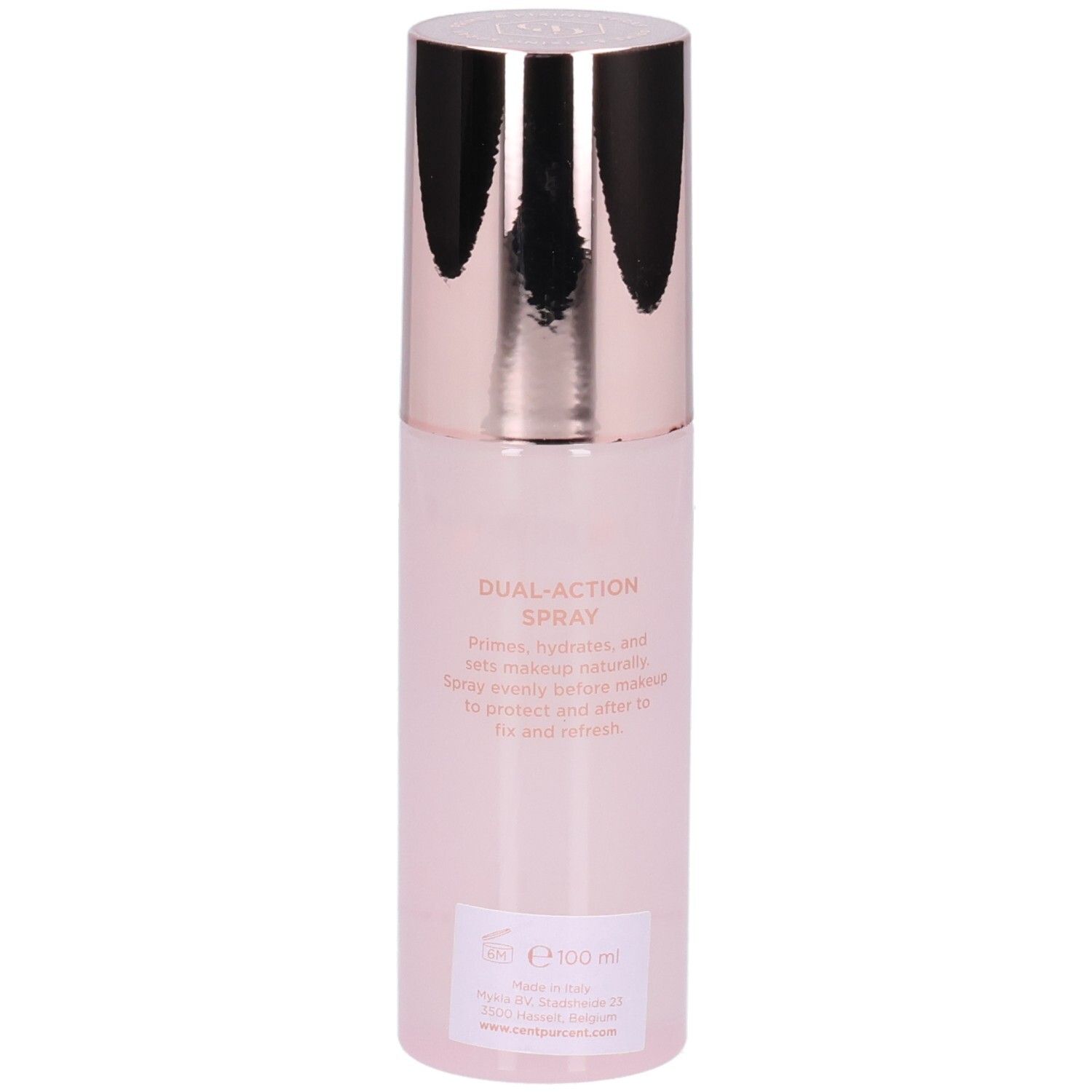 Rosa Flasche mit roségoldfarbenem Deckel. Aufschrift: Dual-Action Spray.
