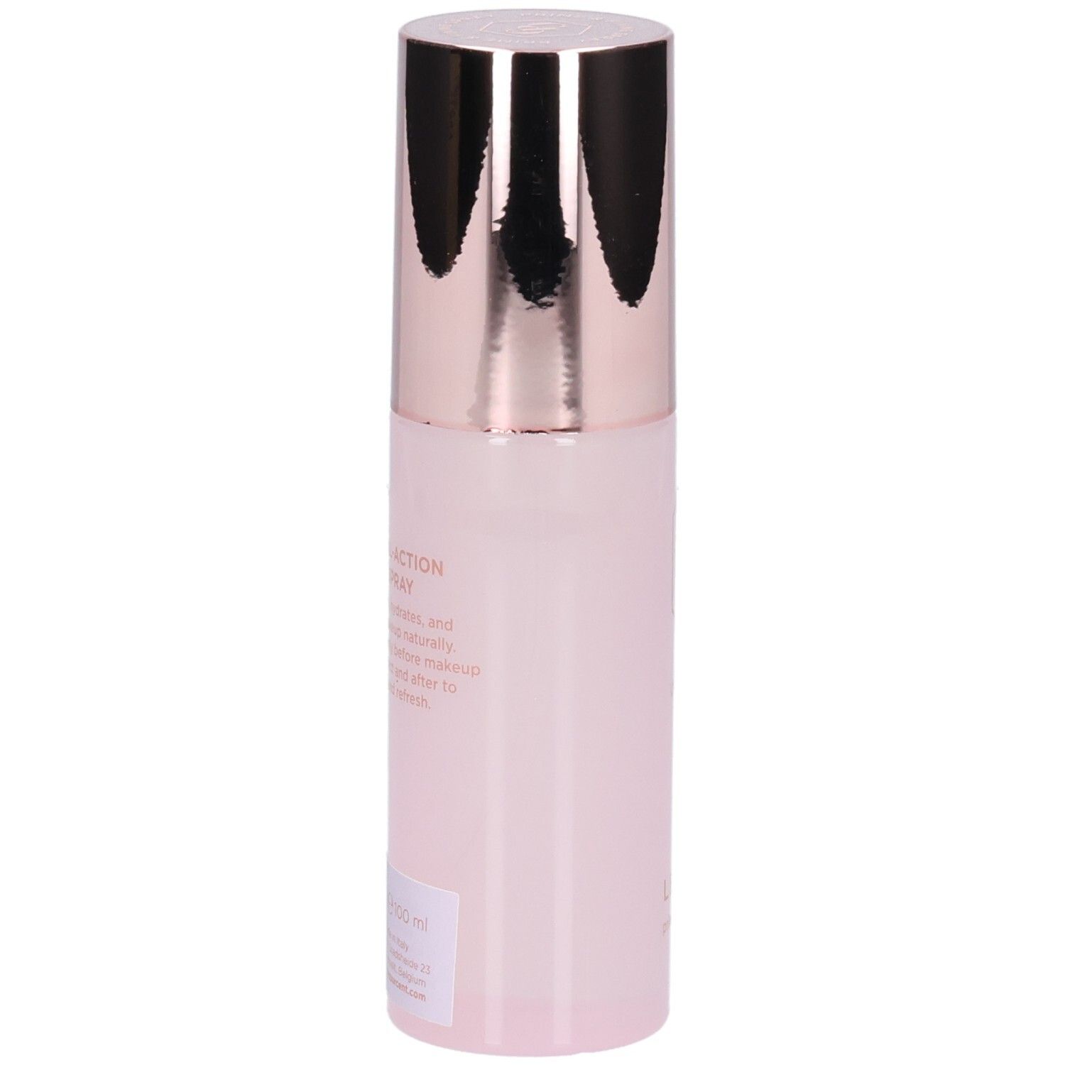 Rosa Flasche mit roségoldfarbenem Deckel. Aufschrift: Dual-Action Spray.