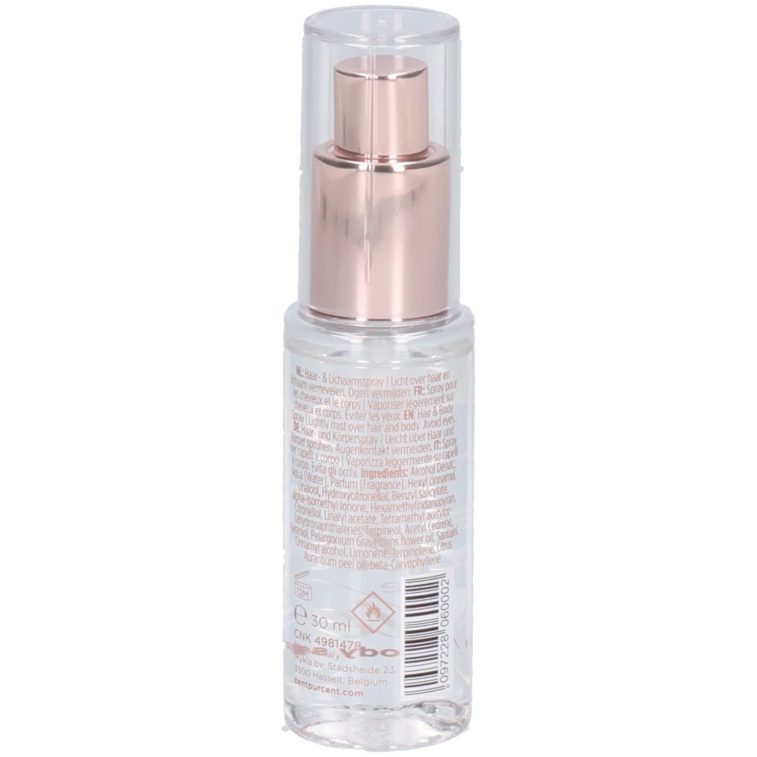 Cent Pur Cent Haarspray, 30 ml, mit Roségold-Applikator und Etikett.