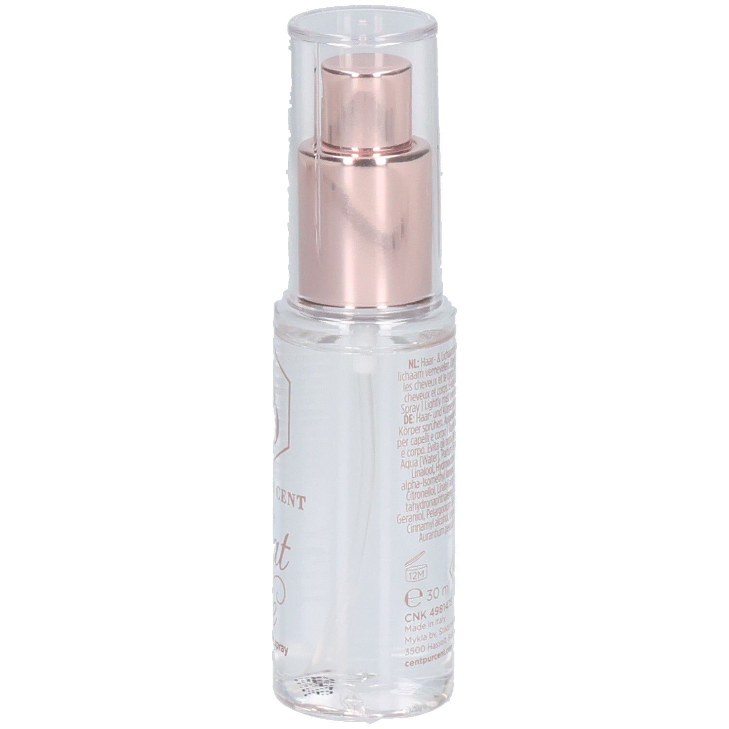 Cent Pur Cent Haarspray, Rückseite mit Etikett und Inhaltsangaben.