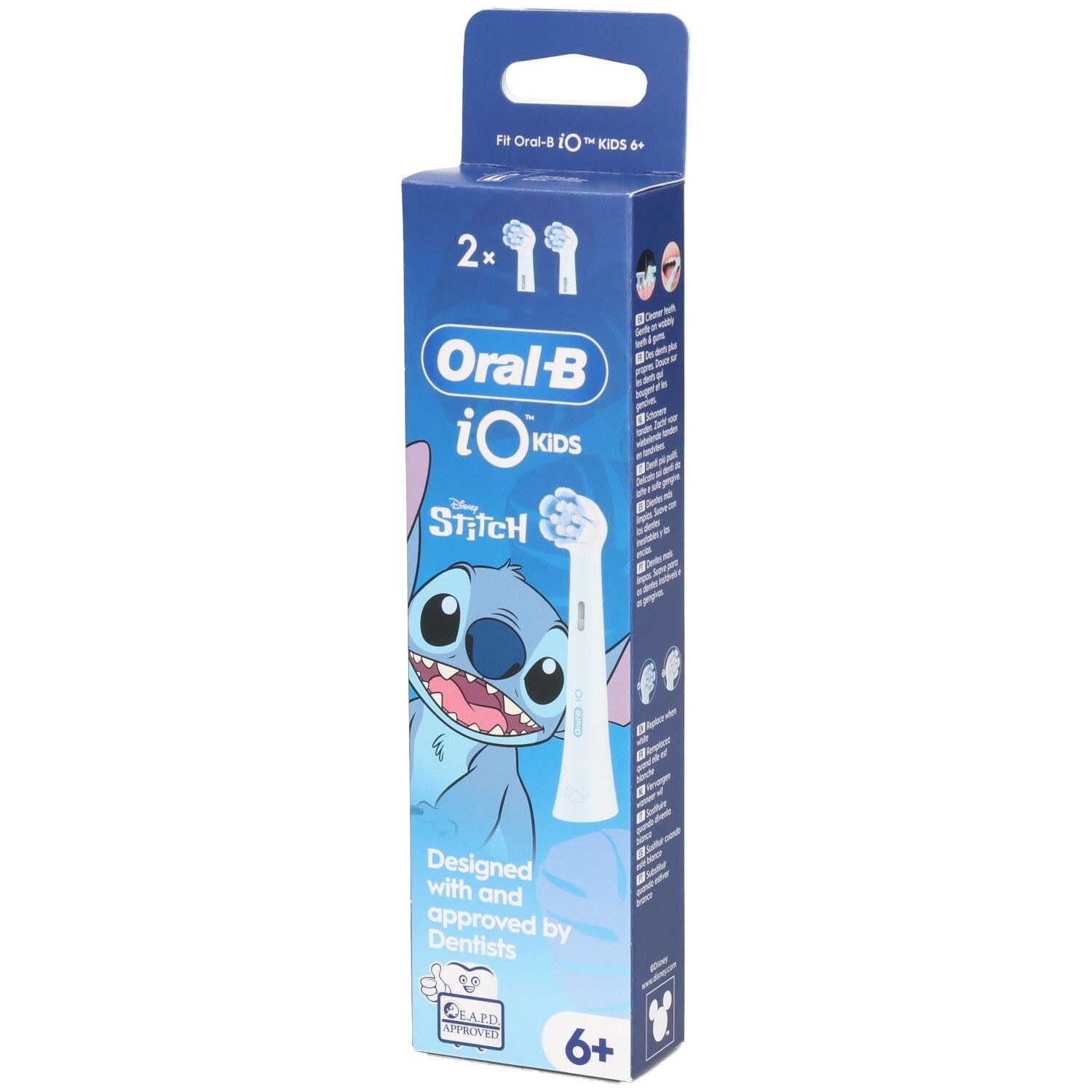 Zahnbürstenaufsätze für Kinder. Verpackung mit Oral-B iO Kids, Disney Stitch. Alter 6+. Zwei Aufsätze.