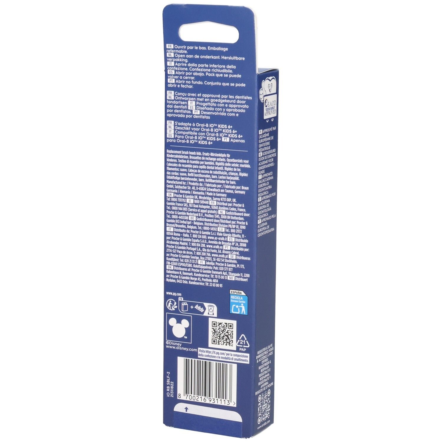 Rückseite der Verpackung mit Informationen. Oral-B iO Kids, Disney Stitch. Text und Logos.