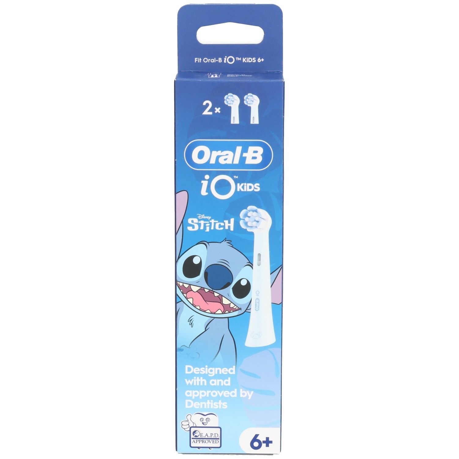 Zahnbürstenaufsätze für Kinder. Verpackung mit Oral-B iO Kids, Disney Stitch. Alter 6+. Zwei Aufsätze.
