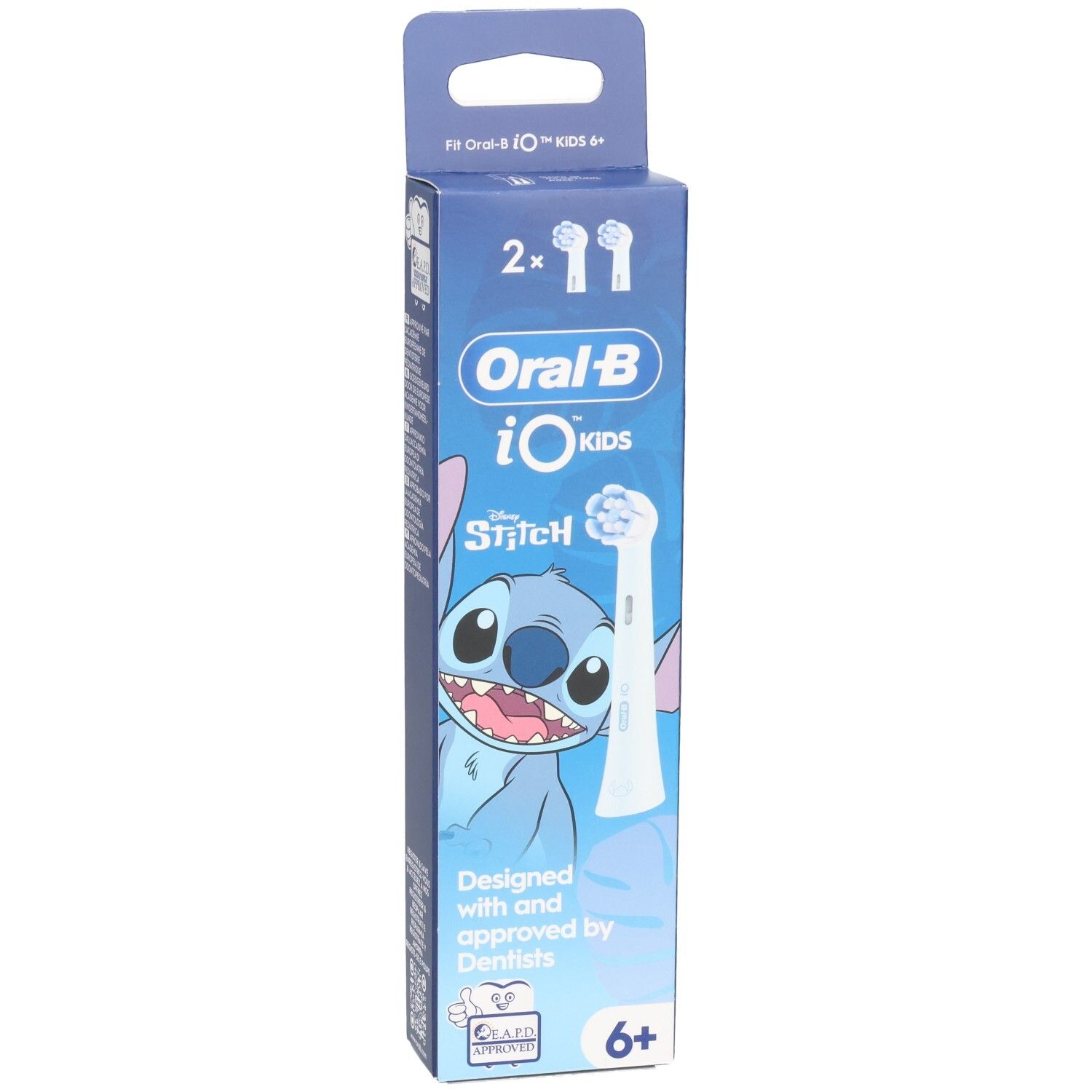 Zahnbürstenaufsätze für Kinder. Verpackung mit Oral-B iO Kids, Disney Stitch. Alter 6+. Zwei Aufsätze.