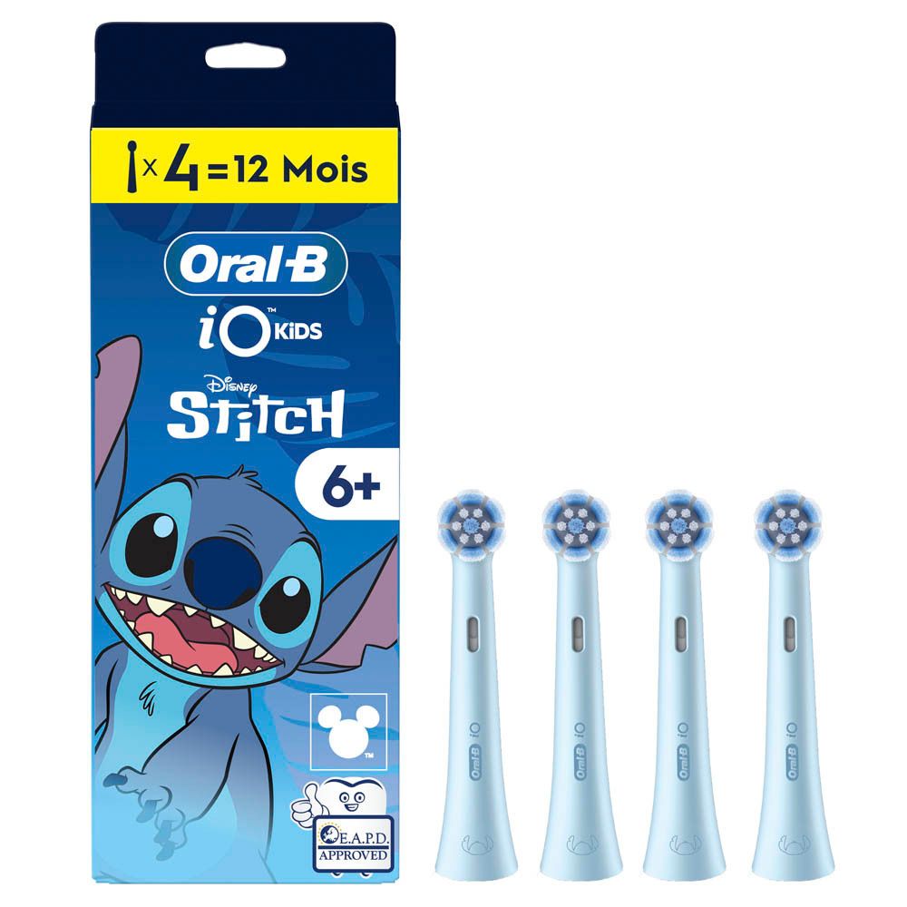 Recharges Oral-B iO Kids. 4 pièces. Motif Stitch. Pour enfants de 6 ans et plus. Emballage.