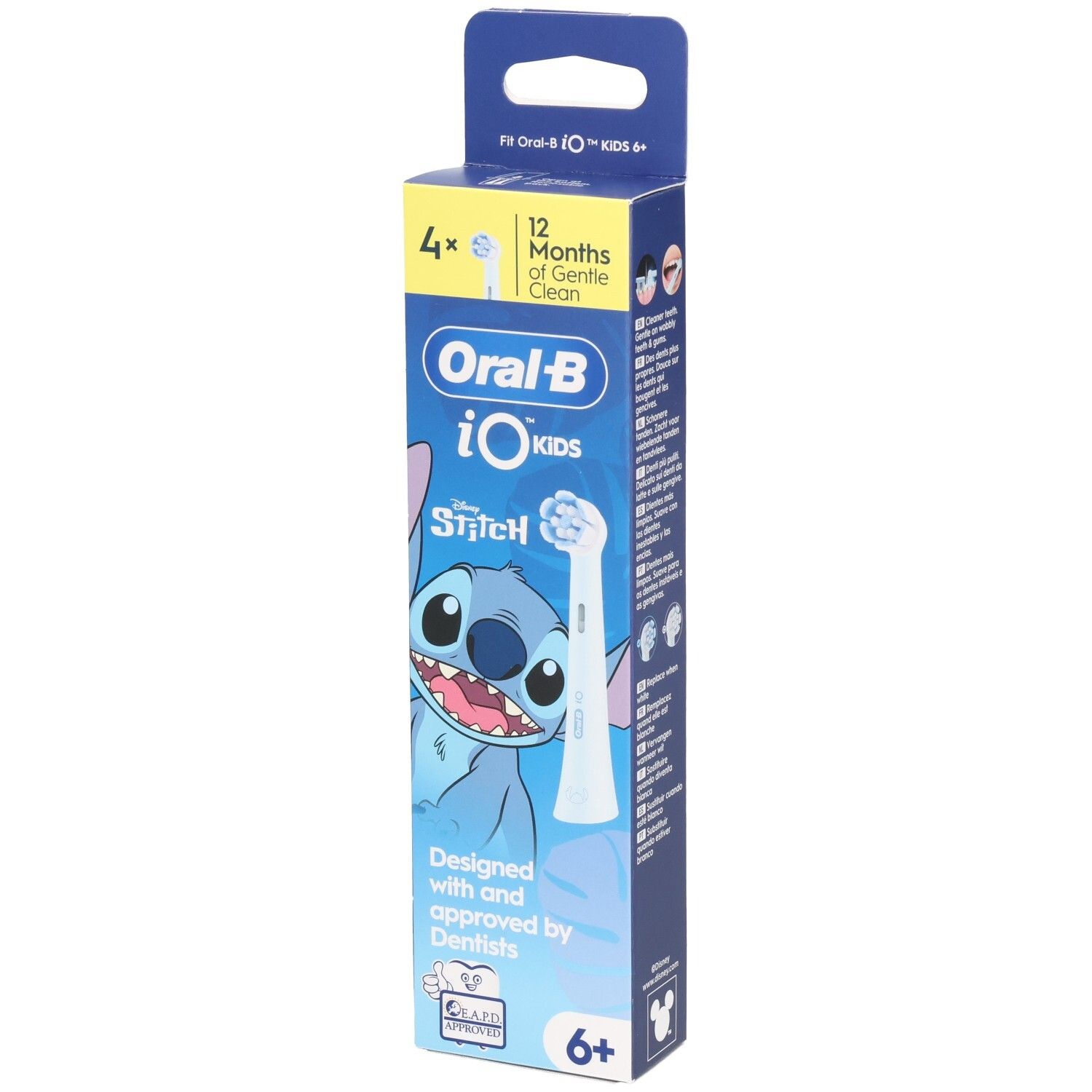 Oral-B iO Kids Ersatzbürstenköpfe. Verpackung mit Stitch-Motiv. 4 Stück. Für Kinder ab 6 Jahren.