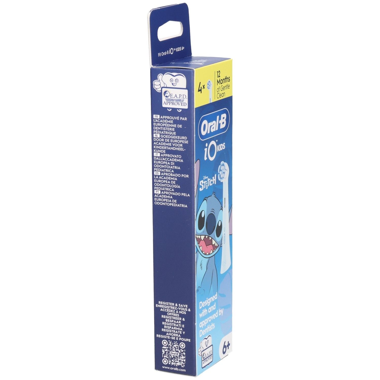 Oral-B iO Kids Ersatzbürstenköpfe. Verpackung mit Stitch-Motiv. 4 Stück. Für Kinder ab 6 Jahren.