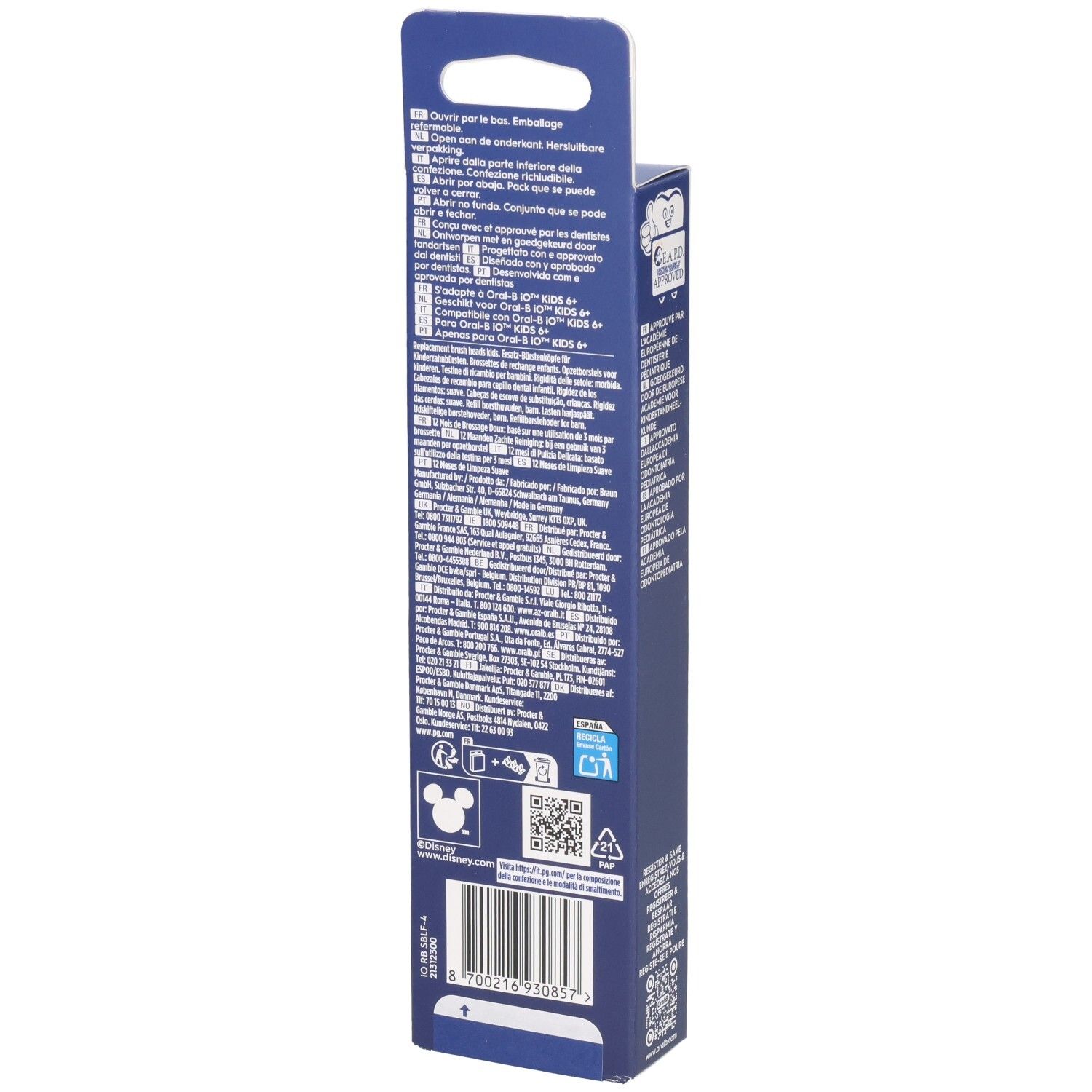 Rückseite der Verpackung. Oral-B iO Kids. Informationen und Symbole. Für Kinder ab 6 Jahren.