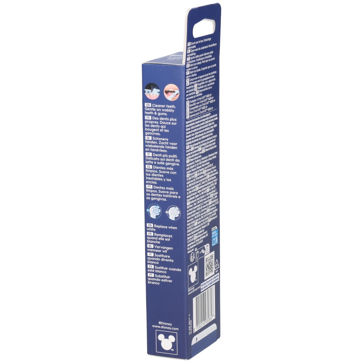 Seite der Verpackung. Oral-B iO Kids. Informationen und Symbole. Für Kinder ab 6 Jahren.