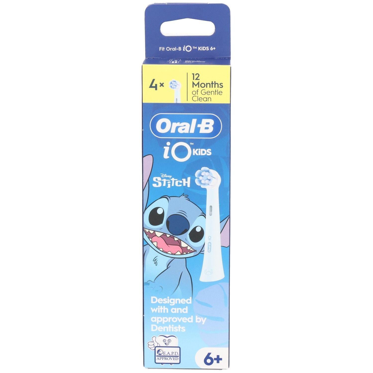 Oral-B iO Kids Ersatzbürstenköpfe. Verpackung mit Stitch-Motiv. 4 Stück. Für Kinder ab 6 Jahren.