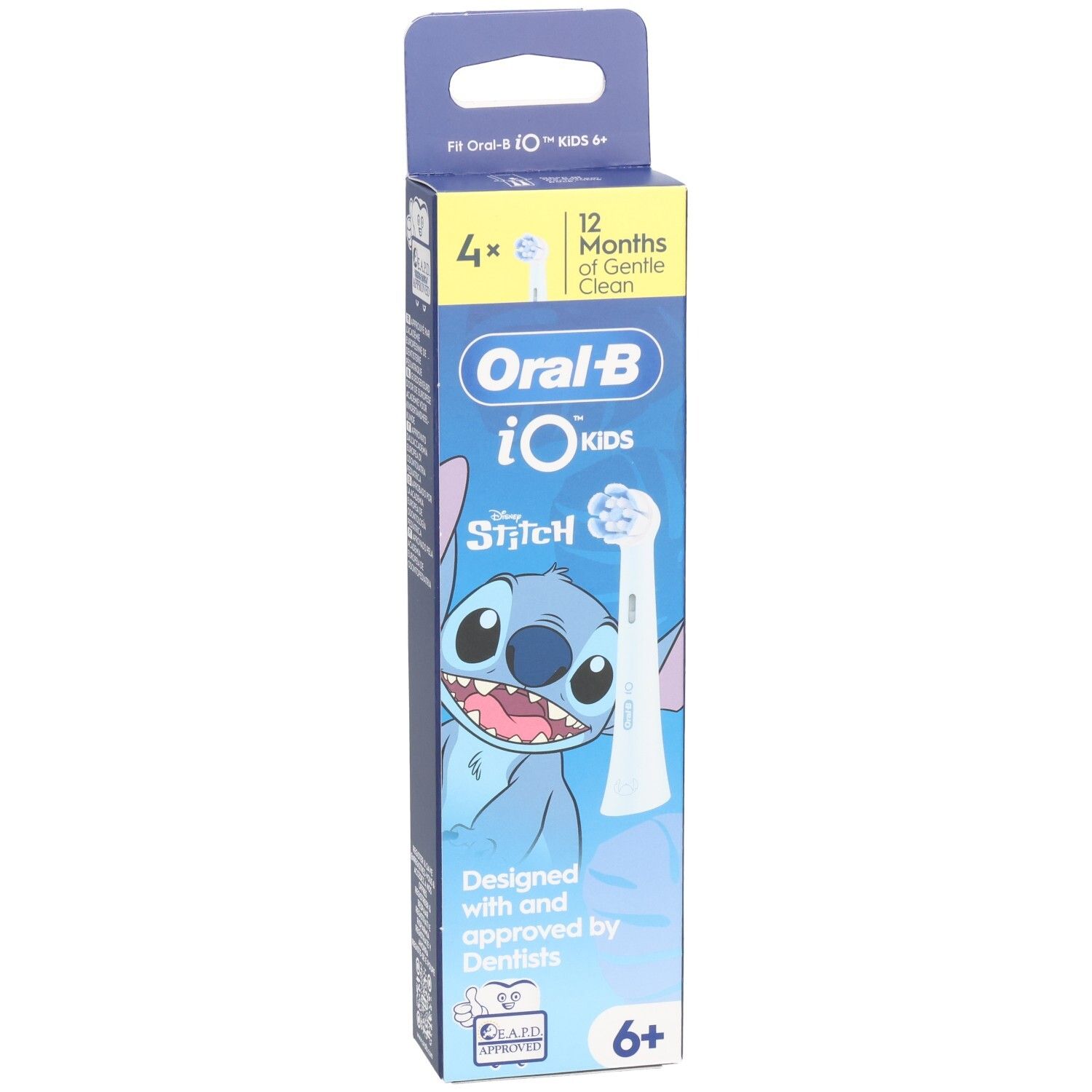 Oral-B iO Kids Ersatzbürstenköpfe. Verpackung mit Stitch-Motiv. 4 Stück. Für Kinder ab 6 Jahren.