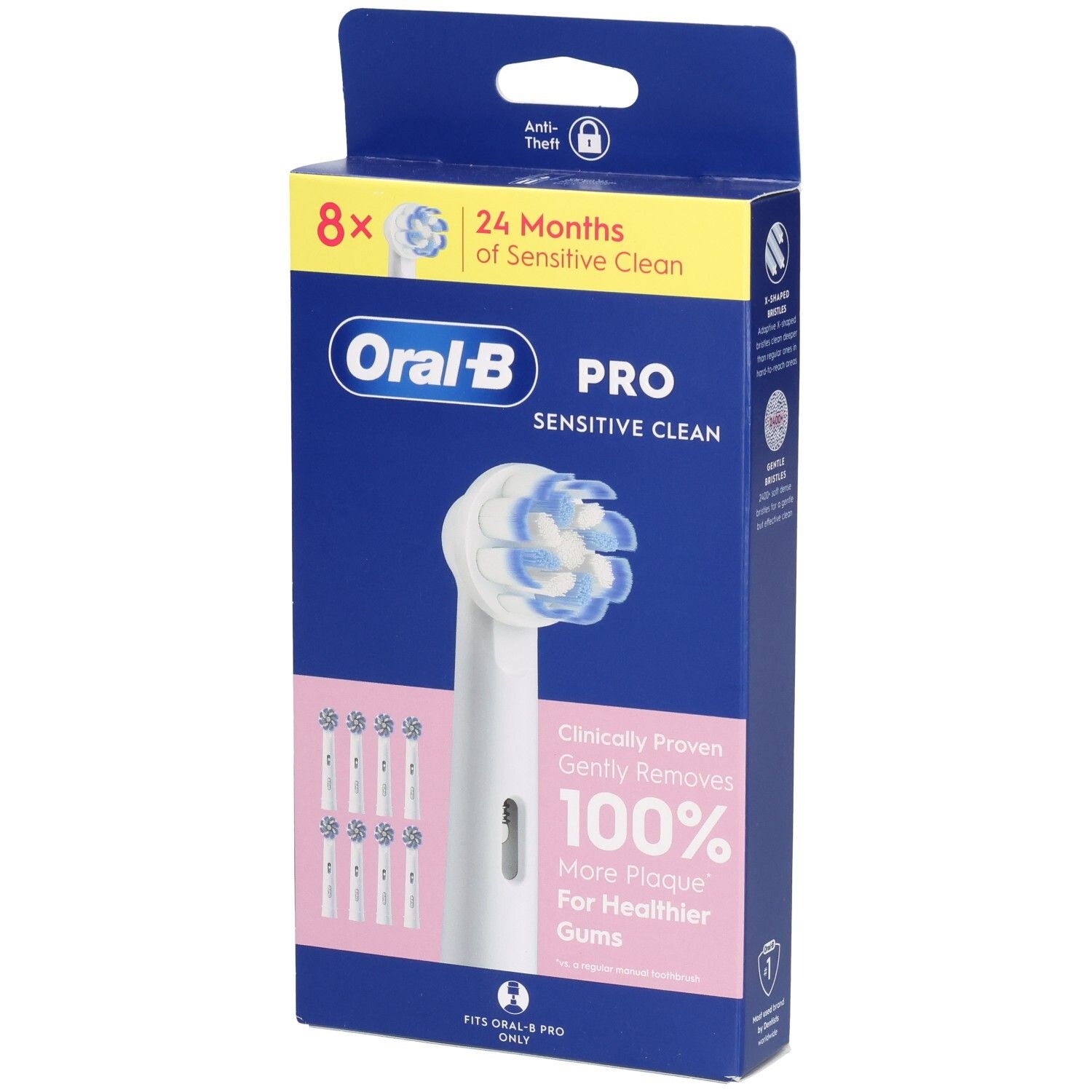 Boîte de 8 têtes de brosse. Oral-B Pro Sensitive Clean. Soies bleues et blanches. Accents roses et jaunes.