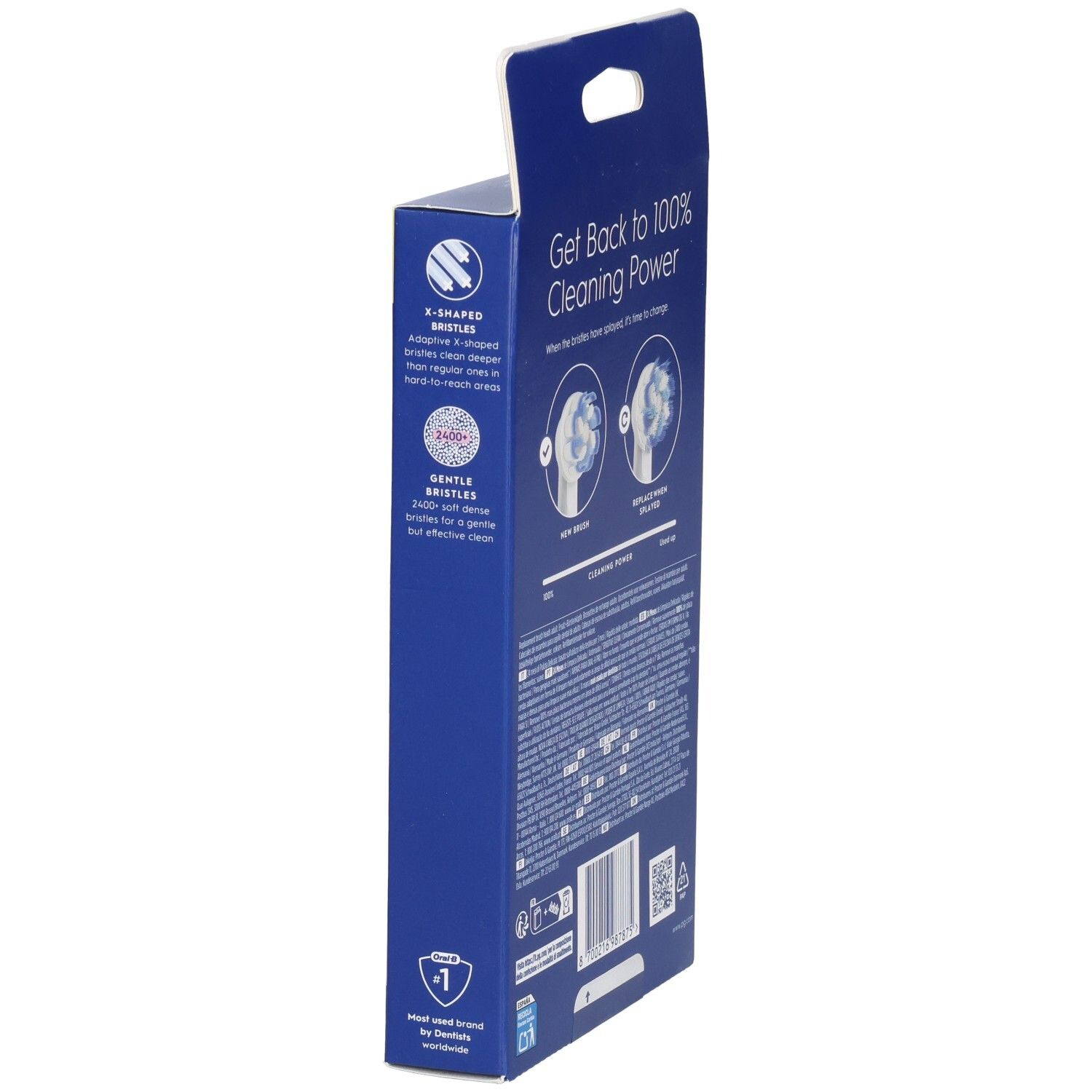 Vue latérale de la boîte. Oral-B Pro Sensitive Clean. Illustrations de têtes de brosse. Informations textuelles.