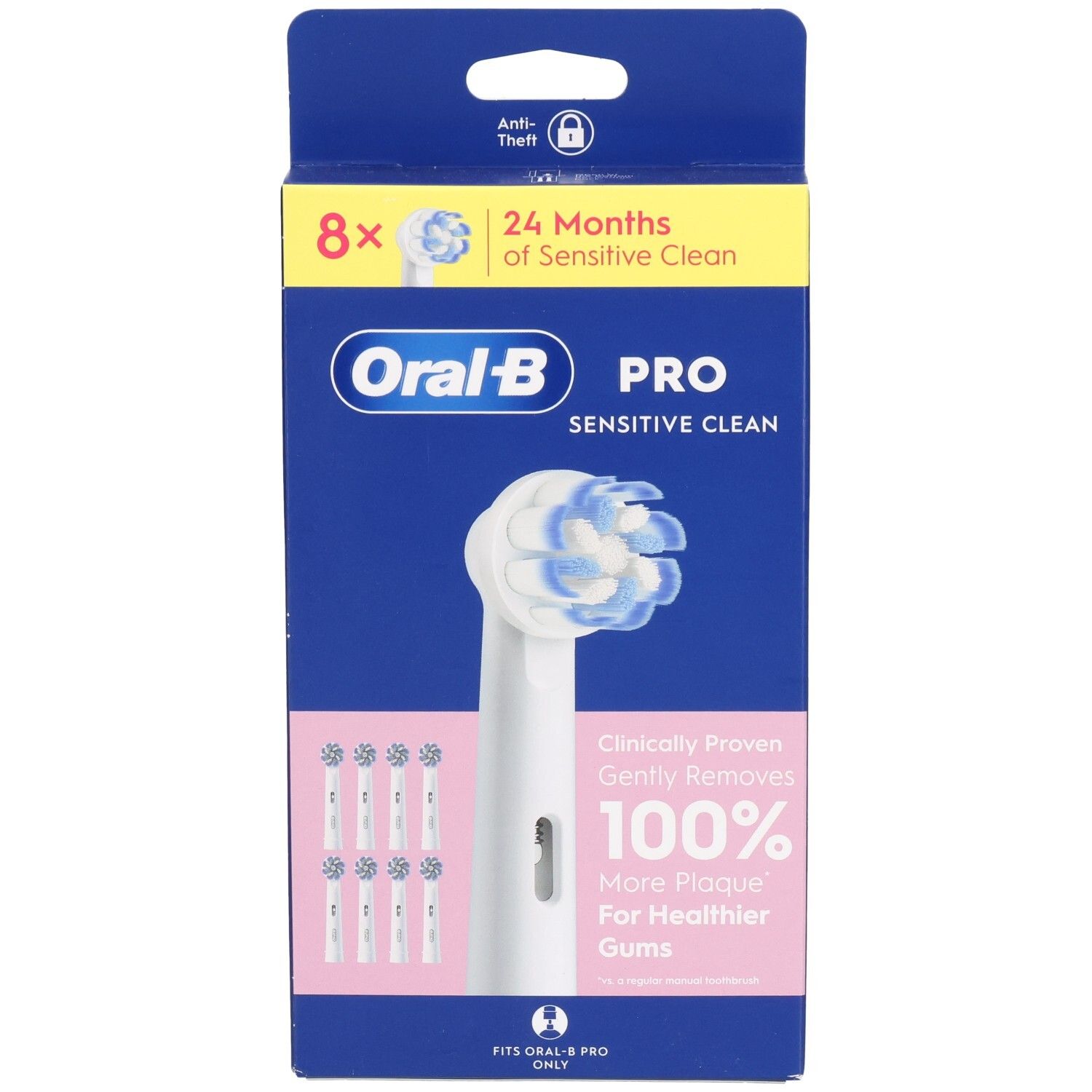 Boîte de 8 têtes de brosse. Oral-B Pro Sensitive Clean. Soies bleues et blanches. Accents roses et jaunes.