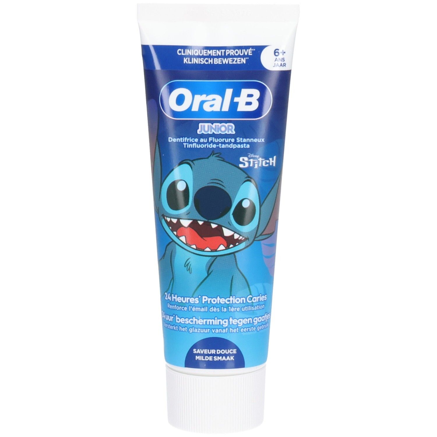 Zahnpasta-Tube mit Stitch-Design. Oral-B Junior, 6+ Jahre. Blaue Tube mit weißem Verschluss.