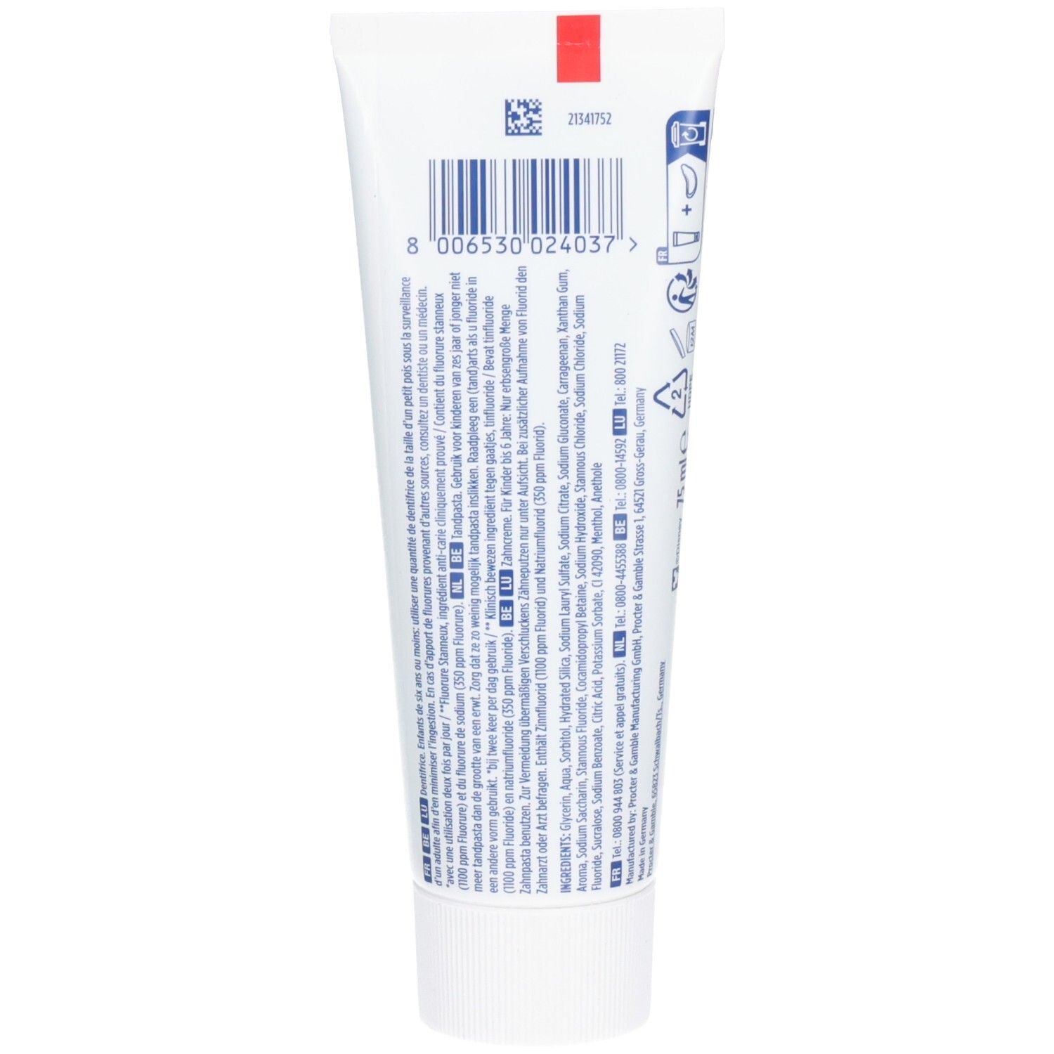 Rückseite der Zahnpasta-Tube. Informationen und Barcode. Weißer Hintergrund.
